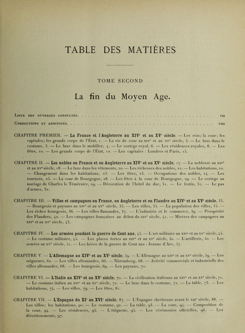 TABLE DES MATIERES TOME SECOND La fin du Moyen Age. Liste des ouvrages consultés vu Corrections et additions viii CHAPITRE PREMIER. — La France et l’Angleterre au XIV' et au XV' siècle. — Les rois; la cour; les capitales; les grands corps de l’Etat, i. — La vie de cour au xiv' et au xv' siècle, 3. — Le luxe dans le costume, 3. — Le luxe dans le mobilier, /,• — Le cortège royal, 6. — Les résidences royales, 8. — Les fêtes, 10. — Les grands corps de l’Etat, 12. — Les capitales ; Londres et Paris, i5. CHAPITRE IL — Les nobles en France et en Angleterre au XIV' et au XV' siècle, 17. — La noblesse au xiv' et au XV' siècle, 18. — Le luxe dans les vêtements, 20. — Les richesses des nobles, 22. — Les habitations, 22. — Changement dans les habitations, 23. — Les fêtes, 2I. — Occupations des nobles, 24. — Les tournois, 25. — La cour de Bourgogne, 28. — Les fêtes à la cour de Bourgogne, 29. — Le cortège au mariage de Charles le Téméraire, 29. —Décoration de l’hôtel du duc, 3i. — Le festin, 3i. — Le pas d’armes, 32. CHAPITRE III. — Villes et campagnes en France, en Angleterre et en Flandre au XIV' et au XV' siècle, 33. — Bourgeois et paysans au xiv' et au xv' siècle, 35. — Les villes, 35. —• La population des villes, 35. — Les riches bourgeois, 3G. — Les villes flamandes, 37. — L’industrie et le commerce, 3g. — Prospérité des Flandres, 4o- — Les campagnes françaises au début du xiv' siècle, — Misères des campagnes au XIV' et au XV' siècle, 43. CHAPITRE IV. — Les armées pendant la guerre de Cent ans, 45. — L’art militaire au xiv= et au xv' siècle, 45. — Le costume militaire, 45. — Les places fortes au xiv' et au xv' siècle, 5o. — L’artillerie, 5o. — Les armées au xv' siècle, 5i. ■—■ Les héros de la guerre de Cent ans : Jeanne d’Arc, 57. CHAPITRE V. — L’Allemagne au XIV' et au XV' siècle, 59. — L’Allemagne au xiv“ et au xv' siècle, 5g. — Les seigneurs, G2. — Les villes allemandes, GG. — Nüremberg, G8. —■ Activité commerciale et industrielle des villes allemandes, G8. — Les bourgeois, Gg. — Les paysans, 70. CHAPITRE VL — L’Italie au XIV' et au XV' siècle, 70. — La civilisation italienne au xiv' et au xv' siècle, 71. — Le costume italien au xiv' et au xv' siècle, 72. — Le luxe dans le costume, 72. — La table, 73. — Les habitations, 74. — Les villes, 79. — Les fêtes, 8i. CHAPITRE VIL — L’Espagne du XI' au XVI' siècle, 87. — L’Espagne chrétienne avant le xii' siècle, 88. — Les villes; les habitations, 90. — Le costume, 92. — La table, g3. — La cour, 94. — Composition de la cour, 94. — Les résidences, g5. — L’étiquette, g5. — Les cérémonies officielles, gG. — Les divertissements, 97.