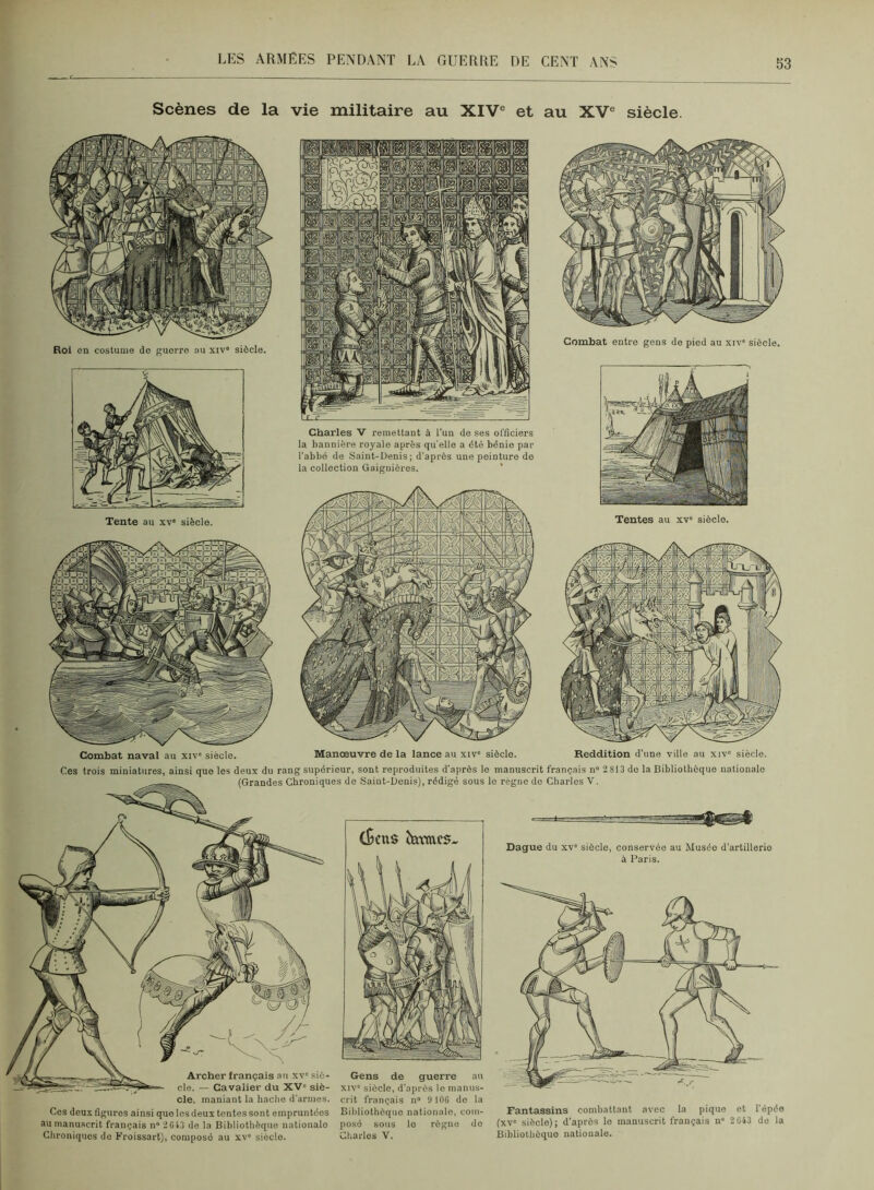 Scènes de la vie militaire au XIV® et au XV® siècle. Combat entre gens de pied au xiv® siècle. Roi en costume do guerre au xiv“ siècle. Charles V remettant à l’un de ses officiers la bannière royale après qu'elle a été bénie par l’abbé de Saint-Denis; d’après une peinture de la collection Gaigniôres. ’ Tentes au xv' siècle. Tente au xv« siècle. 1^3 '1^1 i [pl K '■ W Æ H S » l i5'i/ M ,;ÿj Combat naval au xiv' siècle. Manœuvre de la lance au xiv” siècle. Reddition d’une ville au xiv' siècle. Cos trois miniatures, ainsi que les deux du rang supérieur, sont reproduites d’après le manuscrit français n“ 2 813 de la Bibliothèque nationale (Grandes Chroniques do Saint-Denis), rédigé sous lo règne do Charles 'V. Archer français au XV'sic- Gens de guerre au de. — Cavalier du XV» siè- xiv' siècle, d’après lo manus- cle, maniant la hache d'armes, crit français n» 9 106 do la Ces deux figures ainsi que lesdeux tontes sont empruntées Bibliothèque nationale, coin- Fantassins combattant avec la pique et 1 épée au manuscrit français n“ 2Gt3 de la Bibliothèque nationale posé sous lo règne do (xv° siècle); d’après lo manuscrit français n» 2 643 de la Chroniques de Froissart), composé au xv» siècle. Charles V. Bibliothèque nationale. (B eus ^axmcs.. Dague du xv» siècle, conservée au Musée d’artillerie à Paris.