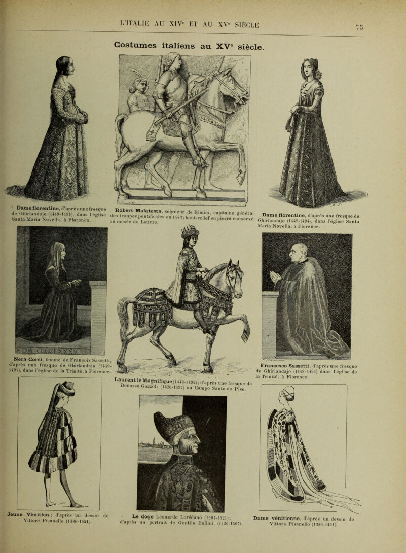 '/5 Costumes italiens au XV® siècle. Dame florentine, d’après une fresque Boberf ivralntoot'. t ■ ■ de Gh,rlanda.io (Ui0-U94), dans l'égLe des pes général Dame florentine, d’après une fres Santa Mar,a Novella. à Florence. du l.ouvr^ en U8,i, l,aut-rehef en p,erre conserve Ghirlandajo (1449-1494), dans l’église Mnria Novella, à i^'lorence. Santa Nera Corsi, femme de François Sassetti, (1 après mio Iresqno de Ghirlandajo (IHO- l'i9'0, dans l’éj^liso de la Trinité,à Florence. rienozzo Gozzol, (1420-1497) au Gampo Sauto de Piso. Francesco Sassetti, d'après une fresque de Ghirlandajo (1449-1494) dans l’église de la Trinité, à Florence. Jeune 'Vénitien ; il'après un dessin do ■V'ittoro Pisanello (1.180-1451). Le doge Léonardo Lorédano (1501-1521); d'après un porti-ait de Gentile Rellini (112(1-1507).