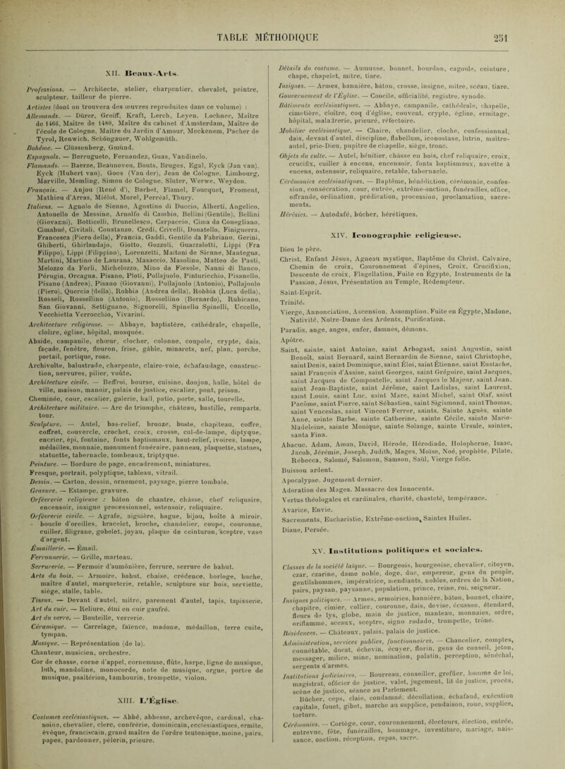 XII. Boaux-Ai-ls. J'rofessiotis. — Architocto, atelier, charpentier, chevalet, peintre, sculpteur, tailleur de pierre. Artistes (dont on trouvera des œuvres reproduites dans ce volume) ; Allemands. — Durer, Greilî, Kraft, Lerch, Leyen, Lochncr, Maître do 1466, Maître de 1480, Maître du cabinet d’Amsterdam, Maître de l’école de Colnp;ne, Maître du Jardin d’.Amour, Meckenem, l’acher de Tyrol, Renwich, Schôngauer, Wohlgemüth. Bohème. — Clüssenherg, Gmünd, Espagnols. — Berruguete, Fernandez, Giias, Vandinelo. Flamands. — Baerze, Beaunoveu, Bouts, Bruges, Egal, Eyck (Jan van). Eyck (Hubert van), Goes (Van der), Jean de Cologne, Limhourg, Marvillo, Memling, Simon de Cologne, Slutor, AVerwe, Weyden, Français. — Anjou (René d’I, Barbet, Flamel, Foucquet, Froment, Mathieu d’Arras, Miélot, Morel, Perréal, Thury. Italiens. — Agnolo do Sienne, Agostino di Duccio, Alberti, Angelico, Antonollo de Messine, Arnolfo di Cambio, Bellini (Gentile), Bellini (Giovanni), Botticelli, Brunellesco, Carpaccio, Cima da Conegliano, Gimabué, Civitali, Constanzo, Gredi, Crivelli, Uonatello, Finiguerra, Francesca (l’iero délia). Francia, Gaddi, Gentile da Fabriano, Gorini, Ghiberti, Ghirlandajo, Giotto, Gozzoli, Guazzalotti, Lippi (Fra Filippo), Lippi (Filippino), Lorenzetti, Maitani de Sienne, Mantegna, Martini, Martine de Laurana, Masaccio, Masolino, Matteo de Fasti, Melozzo da Forli, Michelozzo, Mino da Fiesole, Nanni di Banco, Pérugin, Orcagna, Pisano, Ploti, Pollajuolo, Pinturicchio, Pisanello, Pisano (Andrea), Pisano (Giovanni), Pollajuolo (Antonio), Pollajuolo (Piero), Qucrcia (délia), Robbia (Andrea délia), Robhia (Luca délia), Rosseli, Rossellino (.Antonio), Rossellino (Bernardo), Rubicano, San Giovanni, Settiguano, Signorelli, Spinello Spinelli, Uccello, Vecchietta Verrocchio, Vivarini, Architecture religieuse. — Abbaye, baptistère, cathédrale, chapelle, | cloître, église, hôpital, niostjuée. Abside, campanile, chœur, clocher, colonne, coupole, crypte, dais, façade, fenêtre, lieuron, frise, gâble, minarets, nef, plan, porche, portail, portique, rose. Archivolte, balustrade, charpente, claire-voie, échafaudage, construc- tion, nervures, pilier, voûte. Architecture civile. — Beffroi, bourse, cuisine, donjon, halle, hôtel de ville, maison, manoir, palais de justice, escalier, pont, prison. Cheminée, cour, escalier, galerie, hall, patio, porte, salle, tourelle. Architecture militaire. — Arc do triomphe, château, bastille, remparts, tour. Sculpture. — Autel, bas-relief, bronze, buste, chapiteau, coffre, cotfret, couvercle, crochet, croi.\, crosse, cul-de-lampe, diptyque, encrier, épi, fontaine, fonts baptismaux, haut-relief, ivoires, lampe, médailles, monnaie, monument funéraire, panneau, plaquette, statues, statuette, tabernacle, tombeaux, triptyque. Peinture. — Bordure de page, encadrement, miniatures. Fresque, portrait, polyptique, tableau, vitrail. Dessin. — Carton, dessin, ornement, paysage, pierre tombale. Gravure. — Estampe, gravure. Orfèvrerie religieuse : bâton do chantre, châsse, chef reliquaire, encensoir, insigne processionnel, ostensoir, reliquaire. Orfèvrerie civile. — Agrafe, aiguière, bague, bijou, boîte à miroir, boucle d’oreilles, bracelet, broche, chandelier, coupe, couronne, cuiller, filigrane, gobelet, joyau, plaque de ceinturon,'sceptre, vase d’argent. Émaillerie. — Émail. Ferronnerie. — Grille, marteau. Serrurerie. — Fermoir d’aumônière, ferrure, serrure de bahut. Arts du bois. — Armoire, bahut, chaise, crédence, horloge, huche, maître d’autel, marqueterie, retable, sculpture sur bois, serviette, siège, stalle, table. Tissus. — Devant d'autel, mitre, parement d’autel, tapis, tapisserie. Art du cuir. — Reliure, étui en cuir gaufré. Art du verre. — Bouteille, verrerie. Céramique. — Carrelage, fa'ience, madone, médaillon, terre cuite, tympan. Musique. — Représentation (de la). Chanteur, musicien, orchestre. Cor de chasse, corne d’appel, cornemuse, flûte, harpe, ligne de musique, luth, mandoline, monocorde, note do musique, orgue, portée de musique, psaltérion, tambourin, trompette, violon. XIII. Costumes ecclésiastiques. — Abbé, abbesse, archevêque, cardinal, cha- noine, chevalier, clerc, confi-érie, dominicain,ecclésiastiques,ermite, évêque, franciscain, grand maître de l’ordre teutonique, moine, pairs, papes, pardonner, pèlerin, prieure. Détails da costume. — Aumusse, bonnet, bourdon, cagoule, ceinture, chape, chapelet, mitre, tiare. Insignes. — Armes, bannière, bâton, crosse, insigne, mitre, sceau, tiare. Gouvernement de l’Eglise. — Concile, officialité, registre, synode. Bâtiments ecclésiastiques. — Abbaye, campanile, cathédrale, chapelle, cimetière, cloître, coq d'église, couvent, crypte, église, ermitage, hôpital, maladrerle, prieuré, réfectoire. Mobilier ecclésiastique. — Chaire, chandelier, cloche, confessionnal, dais, devant d'autel, discipline, flabellum, iconostase, lutrin, maitre- autel, prie-Dieu, pupitre de chapelle, siège, tronc. Objets du culte. — Autel, bénitier, châsse on bois, chef reliquaire, croix, crucifix, cuiller à encens, encensoir, fonts baptismaux, navette à encens, ostensoir, reliquaire, retable, tabernacle. Cérémonies ecclésiastiques. — Baptême, bénédiction, cérémonie, confes- sion, consécration, cour, entrée, extrême-onction, funérailles, office, offrande, ordination, prédication, procession, proclamation, sacre- ments. Hérésies. — Autodafé, bûcher, hérétiques. XIV. Iconographie* religieuse. Dieu le père. Christ, Enfant Jésus, Agneau mystique. Baptême du Christ, Calvaire, Chemin de croix. Couronnement d’épines. Croix, Crucifixion, Descente de croix. Flagellation, Fuite en Égypte, Instruments de la Passion, Jésus, Présentation au Temple, Rédempteur. Saint-Esprit. Trinité. Vierge, Annonciation, .-Ascension. .Assomption, Fuite en Égypte, Madone, Nativité, Notre-Dame des Ardents. Purification. Paradis, ange, anges, enfer, damnés, démons. .Apôtre. Saint, sainte, saint Antoine, saint Arbogast, saint Augustin, saint Benoît, saint Bernard, saint Bernardin de Sienne, saint Christo[)he, saint Denis, saint Dominique, saint Éloi, saint Étienne, saint Eustache, saint François d’Assise, saint Georges, saint Grégoire, saint Jacques, saint Jacques de Compostelle, saint Jacques le Majeur, saint Jean, saint Jean-Baptiste, saint Jérôme, saint Ladislas, saint Laurent, saint Louis, saint Luc, saint Marc, saint Michel, saint Olaf, saint Paeôme, saint Pierre, saint Sébastien, saint Sigismond, saintThomas, saint A’enceslas, saint Vincent Ferrer, saints. Sainte Agnès, sainte Anne, sainte Barbe, sainte Catherine, sainte Cécile, sainte Marie- Madeleine, sainte Monique, sainte Solange, sainte Ursule, saintes, Santa Fina. Abacuc. Adam, Aman, David, llérode, llérodiade, llolopherne, Isaac, Jacob, Jérémie, Joseph, Judith, Mages, Mo'i'se, Noé, prophète, Pilate, Rébecca, Salomé, Salomon, Samson, Saûl, Aüerge folle. Buisson ardent. .Apocalypse. Jugement dernier. .Adoration des Mages. Massacre des Innocents. Vertus théologales et cardinales, charité, chasteté, tempérance. .Avarice, Envie. Sacrements, Eucharistie, Extrême-onction^ Saintes Huiles. Diane, Persée. XA'. Iiislitiitioiis politiques et sociales. Classes de la société laique. — Bourgeois, bourgeoise, chevalier, citoyen, czar, czarine, dame noble, doge, duc, empereur, gens du peuple, gentilshommes, impératrice, mendiants, nobles, ordres do la Nation, pairs, paysan, paysanne, population, prince, reine, roi, seigneur. Insignes politiques. — Armes, armoiries, bannière, bâton, bonnet, chaire, chapitre, cimier, collier, couronne, dais, devise, écusson, étendard, fleurs de lys, globe, main de justice, manteau, monnaies, ordre, oriflamme, sceaux, sceptre, signe rodado, trompette, trône. Itésidences. — Châteaux, palais, palais de justice. Adminislration, services publics, fonctionnaires. —Chancelier, comptes, connétable, ducat, échoviu, écuyer, florin, gens de conseil, jeton, messager, milice, mine, nomination, palatin, perception, sénéchal, sergents u’armos. Institutions judiciaires. — Bourreau, conseiller, greffier, homme de loi, magistrat, officier de justice, valet, jugemont, lit do justice, procès, scène de justice, séance au Parlement. Bûcher, ceps, claie, condamné, décollation, échafaud, exécution capitale, fouet, gibet, marche au supplice, pendaison, roue, supplice, torture. Cérémonies. — Cortège, cour, couronnement, électeurs, élection, entrée, entrevue, fête, funérailles, hommage, investiture, mariage, nais- sance, onction, réception, repas, sacre.
