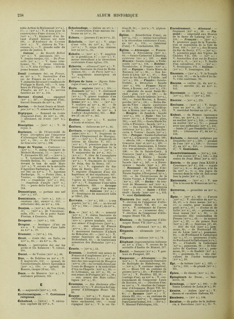 table Arthur de Richemon t [xv' s.], 31 ; — [xv' s.] : V. d ssin pour la construction d’une châsse, ns ; — [xiv' s.] : V. fragment d'un de- vant d’autel dessiné sur toile 191. — D'Amlroiiet du Cerceau [xvi' s.] : V. château de Vin- cennes, 4; — V. grande salle du palais do justice, 9. Italiens. — de Gentile Bellini (xv' s.] : V. janissaire, 123 ; — Y. femme turque, 123. — De Fisa- nctlo [xv' s.J: — V. dame véni- tienne, 75 ; Y. jeune vénitien, 73 ; — Y. tète d’évéque; — tète de jeune homme, 225. Deuil (costumes de), en France, au xv' s. : Y. funérailles d’un roi de France au xv' s.. 6 ; — Y.statuette décorant le tombeau de Philippe le Hardi, 182;— V. tom- beau de Philippe Pot, 183. — En Flandre, au xv' s. : Y. service funèbre au xv“ s., lit. Devant d’autel, — espagnol [xv“ s.). 207 ; — (fragment d'un), travail français du xiv' s., 191. Devise, — de Saint Denis et Mont- joie [xv' s.] : Y. armes de France,!. Diptyque, — flamand en ivoire (fragment d'un), du xiv' s., 198; — allemand, en ivoire [xv' s.], 205. Discipline, — [xiv° s.] : Y. lit royal, 5. Docteurs, — de l'Université de Paris (réception par l'emperour d’.âlleinagno Charles lY des) au XIV' s., 164; — de l’Université de Cracovie [xv' s.), 106. Doge de Venise, — Costumes : — [xiv' s.] : Y. statue funéraire de Michèle Morosini, 72 ; — [xiv' s.] : Y. Alexandre III, 147 ; — [xvi's.j; — V. l.eonardo Loredano, par Gentile Bellini, 75 ; — agenoudlé devant le lion de saint Marc [.XV' s.]: V. revers de la médaille d’Agostino Barbarigo, 71. — Bon- net (de) au xv“ s. : V. Agostmo Barbarigo, 71. —Palais (des), à Yenise; — chapiteau, [xiv' s.), 214; — chapiteau [xiv' s.], 214; — chapiteau d’angle [xiv' s.], 214; — porte délia Garta [xv' s.], 214. Domestique, — portant une nef [xv' s.], 137. Dominicain. — [xivo s.], 149; — ceinture (de), au»xiv's., 152 ; — réfectoire (de), au xv' s., 156. Donjon, — [xiv' s.], de Vez (Oise), 51 ; — [xiv' s.], de Yinconnes : salle, 179; — de la porte Saint- Florian, à Cracovie, 108. Drageoir, — [xiv's.], 138. Drapier, — boutique (d’un) au xvo s. : Y. intérieur d’une halle au XV' s., 38. Dressoir, — [xv' s.], 134. Droit, — écolo (de), en Italie, au XIV' s., 85; — au xv' s., 86. Droit, — (perception du) sur les poids et les balances : V. vitrail, 198. Ducat, — de Venise [xiv' s.], 80. Duc, — de Bohême au xii' s. : V. S majuscule, 100; — (grand) de Constantinople, Alexis Apocaukos [xiv' s.], 114; — (grand) de Russie, casque (d’un), 121. Ducs, — de Mazovie [xv' s.] : V. costumes polonais, 106. E E, — majuscule [xiv' s.], 163. Ecclésiastiques, — V. Costumes religieux. Échafaud, - [xv«s.j : V. exécu- tion capitale au xv' s., 9. Échafaudage, — italien au xV s. : V. construction d’une maison ita- lienne au XV' s., 8 4. Échecs, — (joueurs d') au xv's., 25. Échelade, — [xv' s.] : Y. siège d’une ville an .xv' s., 55; — [.xv“ s.] : V. siège d’un château fort au XV' s., 55. Échelle, — [xiv' s.] ; V. supplice de la pendaison, 8 : — [xv' s.]; V. moine travaillant à la décoration extérieure d'une église, 178. Échevin, — allemand [xiV s.[ : Y. statue funéraire de Jean de Holtz- hausen, 63 ; — de Paris [xiv“ s.J ; V. magistrats municipaux au XIV' s., 33. Éclipse de lune, — (figure théo- rique d’une), au XIV' s., 170. École, —anglaise [xiv' s.], 164; — flamande [xv's.] : V. châtiment des verges, 164; — française [xv' s.] : V. pierre tombale d'un professeur de décret, 164; — ita- lienne [x'V’ s.], 164; — [xv's.] : V. écoliers au xv' s., 85 ; — de droit [xiv' s.], 85 ; — [xv' s.], 86. — Bâtiments (d’) du xiv s., à Ludlow (Angleterre), 165. —Maî- tre (d’) au XV' s., 164. Écolier, — [xv' s.] : Y. maître d’école et écolier, 164. Écoliers, — italiens au xv' s., 85. Écriture, — (spécimens d’) -- fran- çaise [xt\'o s. \ : V. fragment de lettre d’Enguerrand de Àlarigny, 167 ; — [xiv' s.] : Y. fragments de lettres de Charles V, 107; — (xiv' s.] : V. première page de la Translation et Exposition de la Cité de Dieu, 169; — [xv's.] : V. majuscules du xv' s., 163; — [xvo s.] : V. titre de l’exemplaire du Roman de la Rose, 103; — [xv' s.] : V. fragments de lettres de Jean, duc de Berry, 167; — [xv' s.] : V. signature du duc Jean de Berry, 107; — (xv'?.] ; V. registre (fragment d’un) des baptêmes et des sépultures, 167; — [xv' s.] : Y. première page des Vigiles de Charles VII, 169; — [XV' s.] : V. fragment d'une table de matières, 169. — Grecque [xiv' s.j : V. page d’un manu- scrit, 118. — Italienne [xv' s.] : V : frontispice du manuscrit latin n» 12947, 234. Écrivain, — [xv' s.], 166 ; — â son pupitre [xv's.], 166;— au travail [XV' s.], 166 : — (étui d’), du xv' s., 166. Écu, — [XIV' s.], 48; — armorié [xiv' s.] : V. statue funéraire de Robert d’Artois, 183;— armorié [xivs s.] ; pierre tombale. 144; — aux armes d’Angleterre [xiv“ s.], 48; — aux armes de France Ixiv's.], 48 ; — allemand [xiv' s.] : V. monument funéraire d’Albert de Hohenloe, 62; — [xiv' s.] : V. statue funéraire do Conrad de Bickenbach, 62; — do tournoi aux armoiries des Hohenloe [xv' s.], 17. Écurie, — [xv' s.], 43. Écusson, — écartelé aux armes de France et d’Angleterre [xv' s.] : V. armes de France, 1 ; — aux ar- mes des rois angevins do Hongrie (XIV's.],99;—en vermeil,donné par Louis de Hongrie à la cathédrale d’Aix-la-Chapelle [xiv' s.], 99; — do Lithuanie, au xv' s., 99; — aux armes de Pologne [xv“ s.J,99 ; — aux armes des Rois catho- liques [XV' s.], 87. Écussons, — des électeurs alle- mands [xv's.] : V. élection de l’em- pereur d’Allemagne Henri YII 60. Écuyer, — [xv' s.] : V. Cœur dé- chifl’rant l’inscription de la fon- taine enchantée, 180; — royal espagnol Ixii' s.] : V. le roi ür- dônoH, 88 ; — [xii' s.] ; Y. Alphon- se III, 88. Église, — (bénédiction d’une), au .xiv s., 155; — (moine travaillant à la décoration extérieure d’une), au XV' s., 178; — (intérieur d’une) ; Y. l’eucharistie, 196. Église. — Allemagne. — Frauen- kirche, à Nüremberg [xiv' s.], 65; — Sainte-Catherine à Dantzig, extérieur [.xv» s ], 199. — Asie Mineure : Sainte-Sophie, à Trébi- zoude [xiv's.], 118. — Bohême: Teynkirche, à Prague [xiv' s.], 102. — Espagne : Santa Maria de Naranca [ix' s.], 90; — San Isi- dorio à Léon [xi' s.], 97; — San Juan de los Reyes, à Tolède : nef [xv' s.], 206. — Flandre: Sainte- Gndule, à Bruxelles : façade [xiv' s.] 194. — France: Saint- Ouen, à Rouen : nef [.xiv' s.], 179 ; — abbatiale du mont Saint-Mi- chel : plan [xv' s.] 181; — de Caudebec: faça<lelatérale [xv's.], 181 ; — Saint-Maclou, à Rouen, porche [xv“ s.], 181 ; — Notre-Da- me-de-Vitré : chaire extérieure [XV' s.], 150. — Grèce : Périblep- tos, à Mistra [xiv' ou xv' s.], 116. — Hongrie : de Zambek ; façade (XIII's.], 104. — Italie: San Lo- renzo [xv' s.], à Florence : plan, 216 ; — nef, 215; — Santa Maria No- vella.à Florence: façade [xv's.], 215; — San Spirito, à Florence : intérieur [xv' s.], 215 ; — San Zac- caria, à 'Venise : façade [xv' s.]. 216. — Pologne : Sainte-Catherine (xiv' s.], â Cracovie : porche, 109 ; — abside. 108; — Sainte-Marie, à Cracovie lXiii' et xiv' s.], 108; — des Pères dominicains, à Craco- vie; vue générale, 108;—façade, 108; — de la Sainte-Croix, à Cracovie [xiii's.], 108; — Saint- Stanislas, à Halicz ; façade [xiiio s.]. 107; — de Leczyca : façade [xil“ s.], 107; — à Zwier- zynice ; façade [xiii' s.]. 107. — Roumanie : de Kurtea d’Ar- gyisch |xvi' s.], 119. —Russie: Sainte-Sophie, à Novgorod [xi' s.], 120; — do l'Intercession de la Sainte Yierge, à Pokrof ; façade [xii' s.], 120. — Serbie : du cou- vent do Manassia ; nef [xiv» s.], 119; — du couvent de Studenica [xiii' s.], 119. — Suède : d'Eld- shult : façade [xiiT-xiv' s.], 112. Y. aussi Cathédrale. Électeurs (les sept), au xiv' s. : Y. élection de l’empereur d’Alle- magne Henri YII, 60; — au xvo s. ; V. cérémonie de l'inves- titure, 61; — (écussons des) ; Y. élection de l’empereur d’Alle- magne Henri VII, 60. Élection. — de l’empereur d’Alle- magne Henri VII [xiv' s.], 60. Élégant, — allemand [xv' s.], 66. Élégante, — allemande [xv' s.], 66. Élégants, — italiens [xv' s.], 74. Éléphant (représentation italienne an XV' s. d'un) : V. revers do la médaille d’Isotta de Rimini, 217. Émail, — français [xv' s.] : V. por- trait do Fouquet, 187. Empereur, — Allemagne : — [fin XIII's.] : V. monument funéraire de Rodolphe de Habsbourg, 60; — [xv' s.] ; V. costume impérial, 59;— Henri YII en costume de guerre [xiv' s.], 61 ; — Frédéric III [xv's.] : V. Frédéric 111,59; — (cortège d’un), au xiv' s. : V. cou- ronnement do l’empereur Louis de Bavière, 61 ; — (élection d’un) au XIV' s. : V. élection de l’empe- reur d’Allemagne Henri VH, 60; — (repas solennel de 1’) au xiv' s., 61 ; — Byzance [xiv' s.] : V. Alexis III, 114; — en costume de cérémonie [xiv's] : V. empereur Jean Cantaeuzène, 114; — [xv's.]: V. Manuel Paléologue, 114, Encadrement, — Allemand : — fragment [xv' s.], 59. — Fla- mand: — emprunté aux Heures de la dame de Lalaing [xv' s.], 198; — Français: — [xiv' s.]: V. première page de la Transla- tion et exposition de la Cité de Dieu, 169;— [xv' s.], des Heures du duc de Berry, 177 ; — [xv' s.] : V. première page des Vigiles de Charles YII, 169; — [xv' s.] : Y. funérailles d’un roi de Franco au XV'S., 6; — [xv' s.] : V. feuille d’un calendrier, 170; — [xv' s.] : V. frontispice, 176. — Italiens: — [xv' s.] : V. frontispice, 234. Enceinte, — [xv' s.] : V. le Temple eu 1450, 12 ; — de la ville d’Avila ; V. ville castillane, 93. Encens, — cuiller (à), du xiv' s., 152; — navette (à), au xiv' s., 152. Encensoir, — [xiv' s.], 153; — [xv' s.], 153 ; — [xv' s.], 205. Encrier, — [xv' s.], 235. Enclume, — [xiv' s.] : V. forge- rons au XIV' s., 38; — [xv' s.] : V. maréchal ferrant au xv' s., 86. Enfant, — de Franco (naissance d’un), au xiv's.,5; — byzantin au maillot [xiv' s.], 115 ; — italien au maillot [xv' s.], 74; — jouant avec une sarbacane [xiv' s.], 141 ; — buste (d’), par Donatello [xv's.], 218; — (chaussure d’), du xv' s., 132. Enfants,— dansant, sculpture par Donatello [xv' s.], 218 ; — puisant de l’eau [xv' s.], 138;— (tournoi d’), au XV' s., 141 ; — (costumes d’) : V. Costumes. Ensevelissement, — [xv's.], 144; — d’un moine [xv' s.], 156 ; — des restes de Jean Hüss [xv's. 157]. Entrée, — du pape Jean XXIII à Constance [xv' s.], 154; — royale [xiv' s.], 6; — de prince, à la fin du XIV' s., 8; — des juges du tournoi dans la ville où doit avoir lieu la joute [xv' s.], 27. Entremets, — [xiv' s.] : V. une fête à lacourde France au xiv's., 7. Entrevue, — princière au xv' s., 6. Épée, — [xiv' s.], 62; — d’arçon [xiv' s.] : V. chevalier du xiv' s., 46,49; — à deux mains [xv's.], 49 ; — courte, pour homme de pied [.xv's.], 49; — d’estoc et de taille [xv' s.], 49 ; — polonaise, à deux mains [xv' s.], 99; — de cérémonie des connétables de France [xv's.], 49; — de tournoi [xiv' s.], 32; — du prince Noir [xiv' s.], 49; — fourreau (d’), 49; — dite du Gid [xiii' s.], pom- meau, 90; — de Ferdinand III, roi de Léon [xiii' s.j, pommeau, 90; —do Ferdinand le Catholique [xv' s.], 87; — (pommeau d’une), de Ferdinand le Catholiquefxv's.], 90; — d’Lsabelle la Catholique [xv' s.], pommeau, 90 ; — de Gon- zalve do Gordoue [xv' s.], pom- meau, 90; — de Boabdil [xv' s.], 91 ; — pommeau. 91 ; — des che- valiers de l’ordre tentonique [xv' s.], 99. Épi. — de toiture [xiv' s.], 133 ; — [xv's.], 133; —de plomb [xv' s.], 191. Épieu, — de chasse [xiv' s.], 32. Épingleurs do Douai, — ban- nière, 33. Ermitage, —[xiv' s.], 156; — de Santa Cristina de Lena [X's.], 96. Ermite, — italien [xiv' s.] : V. dames et cavaliers italiens, 83. Escabeau, — [xv' s.], 134. Escalier, — du patio de la Audien- cia, à Barcelone [xiv' s.], 95 : Y.