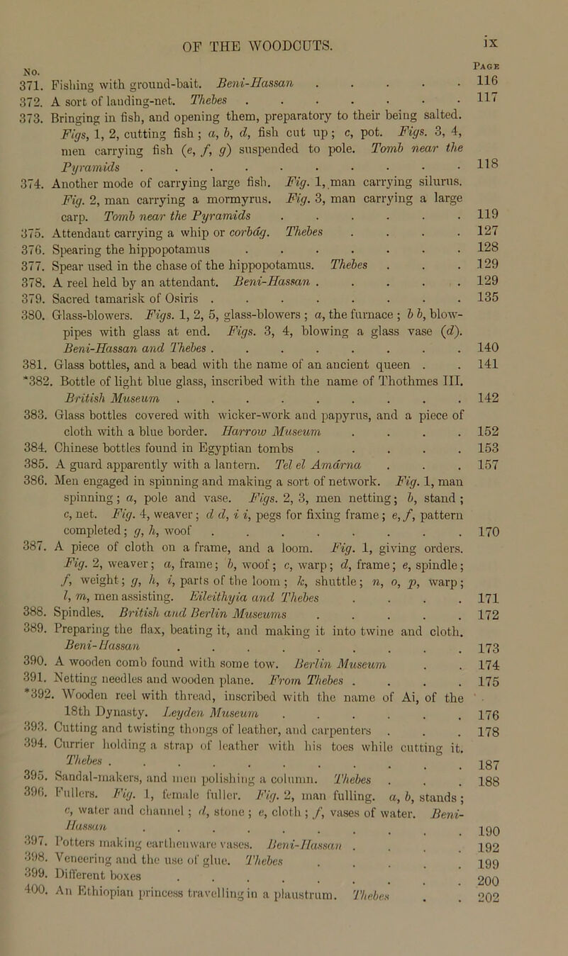No. 371. Fisliing with groimd-bait. Beni-Hassan ..... 372. A sort of landing-net. Thebes .....•• 373. Bringing in fish, and opening them, preparatory to their being salted. Figs, 1, 2, cutting fish ; a, b, d, fish cut up; c, pot. Figs. 3, 4, men carrying fish (e, /, g) suspended to pole. Tomb near the Pyramids .......... 374. Another mode of carrying large fish. Fig. 1, man carrying silurus. Fig. 2, man carrying a mormyrus. Fig. 3, man carrying a large carp. Tomb near the Pyramids ...... 375. Attendant carrying a whip or corbdg. Thebes .... 376. Spearing the hippopotamus ....... 377. Spear used in the chase of the hippopotamus. Thebes 378. A reel held by an attendant. Beni-Hassan ..... 379. Sacred tamarisk of Osiris ........ 380. Glass-blowers. Figs. 1, 2, 5, glass-blowers ; a, the furnace ; b b, blow- pipes with glass at end. Figs. 3, 4, blowing a glass vase (d). Beni-Hassan and Thebes ........ 381. Glass bottles, and a bead with the name of an ancient queen . *382. Bottle of light blue glass, inscribed with the name of Thothmes III. British Museum ......... 383. Glass bottles covered with wicker-work and papyrus, and a piece of cloth with a blue border. Harrow Museum .... 384. Chinese bottles found in Egyptian tombs ..... 385. A guard apjwently with a lantern. Tel el Amdrna 386. Men engaged in spinning and making a sort of network. Fig. 1, man spinning; a, pole and vase. Figs. 2, 3, men netting; b, stand ; c, net. Fig. 4, weaver; d d, i i, pegs for fixing frame; e, /, pattern completed; g, h, woof ........ 387. A piece of cloth on a frame, and a loom. Fig. 1, giving orders. Fig. 2, weaver; a, frame; /;, woof; c, warp; d, frame; e, spindle; /, weight; g, h, i, parts of the loom; k, shuttle; n, o, p, warp; I, m, men assisting. Eileithyia and Thebes .... 388. Spindles. British and Berlin Museums ..... 389. Preparing the flax, beating it, and making it into twine and cloth. Beni-Uassan ......... 390. A wooden comb found with some tow. Berlin Museum 391. Netting needles and wooden plane. From Thebes .... *392. Wooden reel with thread, inscribed with the name of Ai, of the 18th Dynasty. Leyden Museum ...... 393. Cutting and twisting thongs of leather, and carpenters 394. Currier holding a strap of leather with his toes while cuttino' it. Thebes ......... 395. Sandal-makers, and nien polishing a column. Thebes 396. Pullers. Fig. 1, female fuller. Fig. 2, man fulling, a, 6, stands; e, water and channel ; d, stone ; e, cloth ; /, vases of water. Beni- Hassan ....... 397. Potters making earthenware vases. Beni-Ilassan . 398. Veneering and the use of glue. Thebes 399. Dilferent boxes ...... 400. An Ethiopian princess travel ling in a plaustrum. Thebes Page 116 117 118 119 127 128 129 129 135 140 141 142 152 153 157 170 171 172 173 174 175 176 178 187 188 190 192 199 200 202