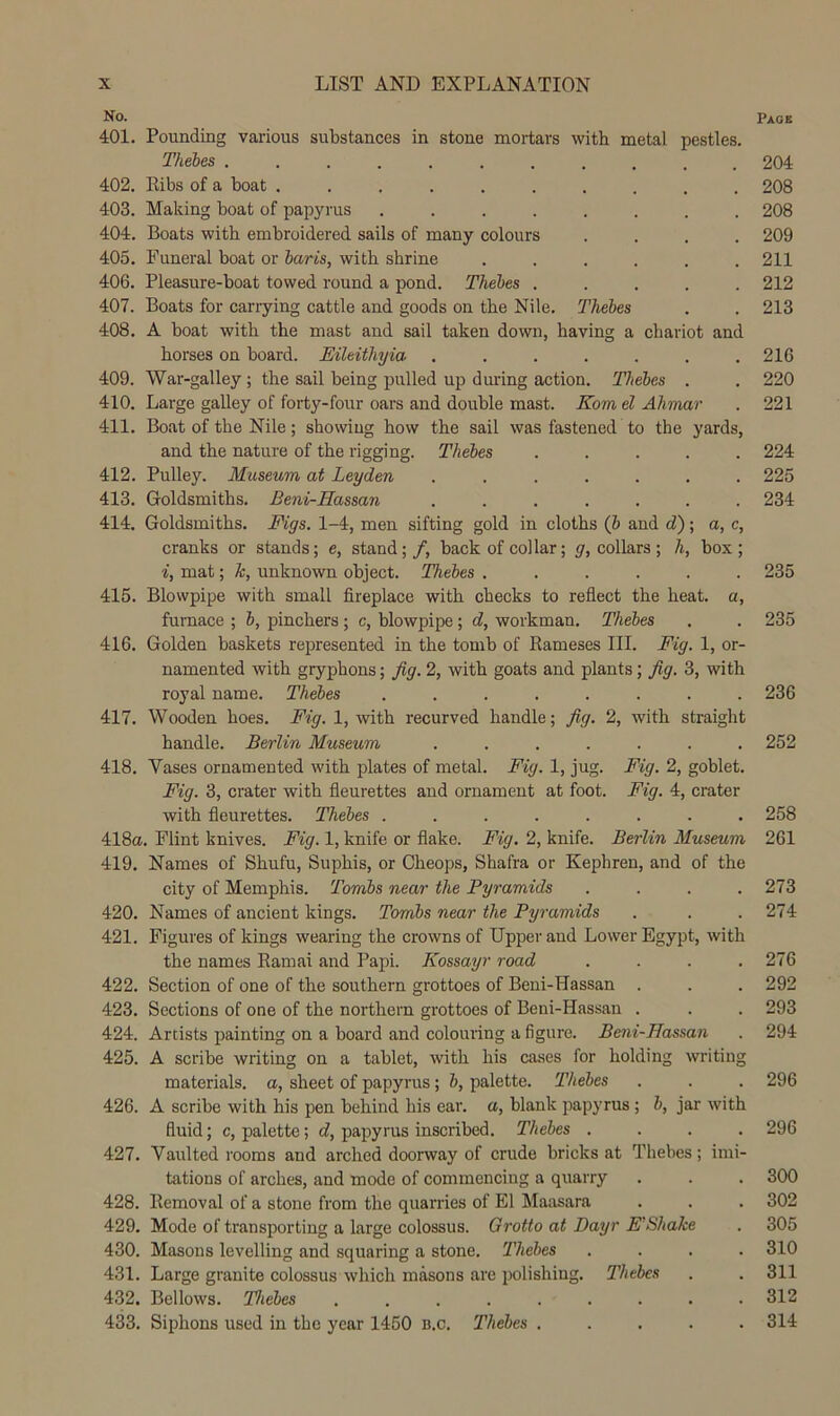 No. Page 401. Pounding various substances in stone mortars with metal pestles. Thebes ........... 204 402. Ribs of a boat .......... 208 403. Making boat of papyrus ........ 208 404. Boats with embroidered sails of many colours .... 209 405. Funeral boat or baris, with shrine . . . . . .211 406. Pleasure-boat towed round a pond. Thebes ..... 212 407. Boats for cariying cattle and goods on the Nile. Thebes . . 213 408. A boat with the mast and sail taken down, having a chariot and horses on board. Eileithyia ....... 216 409. War-galley ; the sail being pulled up during action. Thebes . . 220 410. Large galley of forty-four oars and double mast. Eomd Ahrmr . 221 411. Boat of the Nile; showing how the sail was fastened to the yards, and the nature of the rigging. Thebes ..... 224 412. Pulley. Museum at Leyden ....... 225 413. Goldsmiths. Beni-Hassan ....... 234 414. Goldsmiths. Figs. 1-4, men sifting gold in cloths (6 and d~); a, c, cranks or stands; e, stand;/, back of collar; y, collars; h, box; i, mat; k, unknown object. Thebes ...... 235 415. Blowpipe with small fireplace with checks to reflect the heat, a, furnace ; b, pinchers ; c, blowpipe; d, workman. Thebes . . 235 416. Golden baskets represented in the tomb of Rameses III. Fig. 1, or- namented with gryphons; fig. 2, with goats and plants; fig. 3, with royal name. Thebes . . . . . . . .236 417. Wooden hoes. Fig. 1, with recurved handle; fig. 2, with straight handle. Berlin Museum ....... 252 418. Vases ornamented with plates of metal. Fig. 1, jug. Fig. 2, goblet. Fig. 3, crater with fleurettes and ornament at foot. Fig. 4, crater with fleurettes. Thebes ........ 258 418a. Flint knives. Fig. 1, knife or flake. Fig. 2, knife. Berlin Museum 261 419. Names of Shufu, Suphis, or Cheops, Shafra or Kephren, and of the city of Memphis. Tombs near the Pyramids .... 273 420. Names of ancient kings. Tombs near the Pyramids . . .274 421. Figures of kings wearing the crowns of Upper and Lower Egypt, with the names Ramai and Papi. I<Cossayr road .... 276 422. Section of one of the southern grottoes of Beni-Hassan . . . 292 423. Sections of one of the northern grottoes of Beni-Hassan . . . 293 424. Artists painting on a board and colouring a figure. B&ni-PIassan . 294 425. A scribe writing on a tablet, with his cases for holding writing materials, a, sheet of papyrus; b, palette. Thebes . . . 296 426. A scribe with his pen behind his ear. a, blank papyrus ; b, jar with fluid; c, palette; d, papyrus inscribed. Thebes .... 296 427. Vaulted rooms and arched doorway of crude bricks at Thebes; imi- tations of arches, and mode of commencing a quarry . . . 300 428. Removal of a stone from the quaiTies of El Maasara . . . 302 429. Mode of transporting a large colossus. Grotto at Dayr E’Shake . 305 430. Masons levelling and squaring a stone. Thebes .... 310 431. Large granite colossus which masons are polishing. Thebes . . 311 432. Bellows. Thebes ......... 312 433. Siphons used in the year 1450 b.c. Thebes ..... 314
