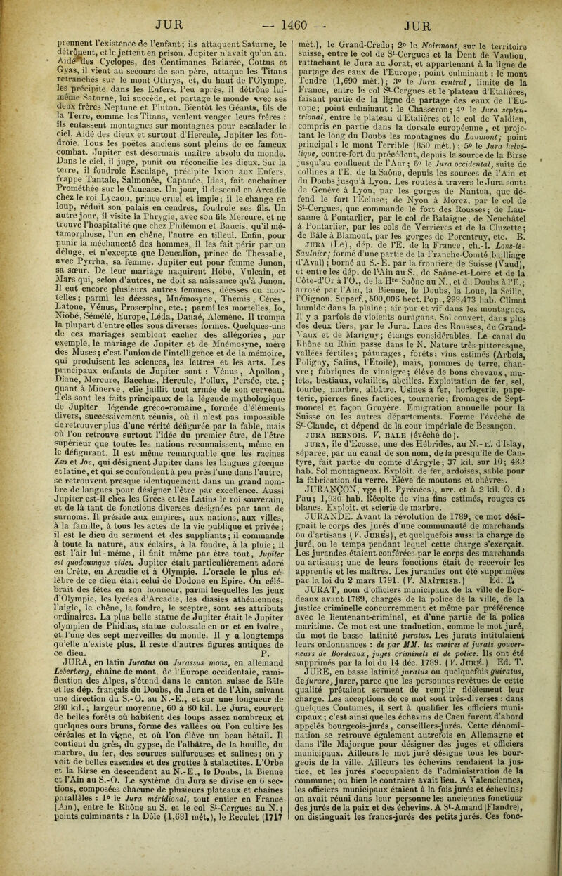 pi ennent l’existence d-3 l’enfant ; ils attaquent Saturne, le détr^ent, etle jettent en prison. Jupiter n’avait qu’un an. AiJé^es Cyclopes, des Centimanes Briarée, Cottus et Gyas, il vient au secours de son père, attaque les Titans retranchés sur le mont Othrys, et, du haut de l’Olympe, les précipite dans les Enfers. Peu après, il détrône lui- même Saturne, lui succède, et partage le monde %vec ses deux frères Neptune et Pluton. Bientôt les Géant», fils de la Terre, comme les Titans, veulent venger leurs frères : ils entassent montagnes sur montagnes pour escalader le ciel. Aidé des dieux et surtout d'Hercule, Jupiter les fou- droie. Tous les poètes anciens sont pleins de ce fameux combat. Jupiter est désormais maître absolu du monde. Dans le ciel, il juge, punit ou réconcilie les dieux. Sur la teiTe, il foudroie Esculape, précipite Ixion aux Enfers, frappe Tantale, Salmonée, Capanée, Idas, fait enchainer Prométhée sur le Caucase. Un jour, il descend en Arcadie chez le roi Lycaon, prince cruel et impie; il le change en loup, réduit son palais en cendres, foudroie ses fils. Un autre jour, il visite la Phrygie, avec son fils Mercure, et ne trouve l’hospitalité que chez Philémon et Baucis, qu’il mé- tamorphose, l’un en chêne, l’autre en tilleul. Enfin, pour punir la méehanceté des hommes, il les fait périr par un déluge, et n’excepte que Deucalion, prince de Thessalie, avec Pyrrha, sa femme. Jupiter eut pour femme Junon, sa sœur. De leur mariage naquirent Hébé, Vulcain, et Mars qui, selon d’autres, ne doit sa naissance qu’à Junon. Il eut encore plusieurs autres femmes, déesses ou mor- telles; parmi les déesses, Mnémosyne, Thémis, Gérés, Latone, Vénus, Proserpine, etc.; parmi les mortelles, lo, Niobé, Sémélé, Europe, Léda, Danaé, Alcmène. 11 trompa la plupart d’entre elles sous diverses formes. Quelques-uns do ces mariages semblent cacher des allégories, par exemple, le mariage de Jupiter et de Mnémosyne, mère des Muses; c’est l’union de l’intelligence et de la mémoire, qui produisent les sciences, les lettres et les arts. Les principaux enfants de Jupiter sont : Vénus, Apollon, Diane, Mercure, Bacchus, Hercule, Pollux, Persée, etc. ; quant à Minerve , elle jaillit tout armée de son cerveau. Tels sont les faits principaux de la légende mythologique de Jupiter légende gréco-romaine, formée d’éléments divers, successivement réunis, où il n’est pas impo.ssible de retrouver plus d’une vérité défigurée par la fable, mais où l’on retrouve surtout l’idée du premier être, de l’être supérieur que toutes les nations reconnaissent, même en le défigurant. Il est même remarquable que les racines Zeu et Jov, qui désignent Jupiter dans les hnigues grecque et latine, et qui se confondent à peu pi-ès l’une dans l’autre, se retrouvent presque identiquement dans un grand nom- bre de langues pour désigner l’être par excellence. Aussi Jupiter est-il chez les Grecs et les Latins le roi souver.ain, et de là tant de fonctions diverses désignées par tant de surnoms. Il préside aux empires, aux nations, aux villes, à la famille, à tous les actes de la vie publique et privée ; il est le dieu du serment et des suppliants; il commande à toute la nature, aux éclairs, à la foudre, à la pluie; il est l’air lui-même, il finit même par être tout, Jupiter est quodeumque vides. Jupiter était particulièrement adoré en Crète, en Arcadie et à Olympie. L’oracle le plus cé- lèbre de ce dieu était celui de Dodone en Epire. On célé- brait des fêtes en son honneur, parmi lesquelles les jeux d’Olympie, les lycées d’Arcadie, les diasies athéniennes; l’aigle, le chêne, la foudre, le sceptre, sont ses attributs ordinaires. La plus belle statue de Jupiter était le Jupiter olympien de Phidias, statue colossale en or et en ivoire, et l’une des sept merveilles du monde. 11 y a longtemps qu’elle n’existe plus. Il reste d’autres figures antiques de ce dieu. P. .lURA, en latin Juratus ou Jurassus mom, en allemand Leberberg, chaîne de mont, de l’Europe occidentale, rami- fication des Alpes, s’étend dans le canton suisse de Bâle et les dép. français du Doubs, du Jura et de l’Ain, suivant une direction du S.-O. au N.-E., et sur une longueur de 280 kil. ; largeur moyenne, 60 à 80 kil. Le Jura, couvert de belles forêts où Imbitent des loups assez nombreux et quelques ours bruns, forme des vallées où l’on cultive les céréales et la vigne, et où l’on élève un beau bétail. Il contient du grès, du gypse, de l’albâtre, de la houille, du marbre, du fer, des sources sulfureuses et salines; on y voit de belles cascades et des grottes à stalactites. L’Orbe et la Birse en descendent au N.-E., le Doubs, la Bienne et l’Ain au S.-O. Le système du Jura se divise en 6 sec- tions, composées chacune de plusieurs plateaux et chaînes parallèles : 1» le Jura méridional, tout entier en France (Ain), entre le Rhône au S. et le col S‘-Cergues au N.; points culminants ; la Dôle (1,681 mét,), le Reculet (1717 mèt.), le Grand-Credo; 2® le Noirmont, sur le territoire suisse, entre le col de S‘-Cergues et la Dent de Vaulion, rattachant le Jura au Jorat, et appartenant à la ligne de partage des eaux de l’Europe ; point culminant : le mont lendre (1,690 mèt.); 3® le Jura central, limite de la France, entre le col S*-Cergues et le'plateau d’Etalières, faisant partie de la ligne de partage des eaux de l'Eu- rope; point culminant: le Chasseron; 4® le Jura septen- trional, entre le plateau d'Etalières et le col de Valdieu, compris en partie dans la dorsale européenne , et proje- tant le long du Doubs les montagnes du Laumont; point principal : le mont Terrible (850 mèt.) ; 5® le Jura helvé- tique, contre-fort du précédent, depuis la source de la Birse jusqu’au confluent de l’Aar; 6° le Jura occidental, suite do collines à l’E. de la Saône, depuis les sources de l’Aiii et du Doubsjusqu’à Lyon. Les routesà travers leJurasont: de Genève à Lyon, par les gorges de Nantua, que dé- fend le fort l’Ecluse; de Nyon à Morez, par le col de S‘-Cergues, que commande le fort des Rousses; de Lau- sanne à Pontarlier, par le col deBalaigue; de Neuchâtel à Pontarlier, par les cols de Verrières et de la Clnzette; de Bâle à Blamont, par les gorges de Porentruy, etc. B. JURA (Le), dép. de l’E. de la France, ch.-l. Lons-te- Saulnier; formé d’une partie de la Franche-Comté (bailliage d’Aval) ; borné au S.-E. par la frontière de Suisse (Vaud), et entre les dép. de l’Ain au S., de Saône-et-Loire et de la Côte-d’Or à l'O., de la H'®-Saône au N., et du Doubs à l’E.; arrosé par l’Ain, la Bienne, le Doubs, la Loue, la Seille, l’Oignon. Superf., 500,006 hect.Pop , 298,473 hab. Climat humide dans la plaine ; air pur et vif dans les montagnes. !l y a parfois de violents ouragans. Sol couvert, dans plus des deux tiers, par le Jura. Lacs des Rousses, duGrand- t'aux et de Marigny; étangs considérables. Le canal du Rhône au Rhin passe dans le N. Nature très-pittoresque, vallées fertiles ; pâturages, forêts ; vins estimés (Arbois, Puligny, Salins, l'Etoile), ma'is, pommes de terre, chan- vre ; fabriques de vinaigre; élève de bons chevaux, mu- lets, bestiaux, volailles, abeilles. Exploitation do fer, sel, tourbe, marbre, albâtre. Usines à fer, horlogerie, pape- terie, pierres fines factices, tournerie; fromages de Sept- moncel et façon Gruyère. Emigration annuelle pour la Suisse ou les autres départements. Forme l’évêché de S‘-Claude, et dépend de la cour impériale de Besançon. JURA BERNOIS. V. BALE (évêchéde). JURA, île d’Ecosse, une des Hébrides, au N.-E. d’Islay, séparée, par un canal de son nom, delà presqu’île de Can- tyre, fait partie du comté d’Argyle; 37 kil. sur 10; 432 hab. Sol montagneux. Exploit, de fer, ardoises, sable pour la fabrication du verre. Elève de moutons et chèvres. JURANÇON, vge (B.-Pyrénées), arr. et à 2 kil. O. dj Pau; 1,930 hab. Récolte de vins fins estimés, rouges et blancs. Exploit, et scierie de marbre. JURANDE. Avant la révolution de 1789, ce mot dési- gnait le corps des jurés d’une communauté de marchands ou d’artisans ( V. Jures), et quelquefois aussi la charge de juré, ou le temps pendant lequel cette charge s’exerçait. Les jurandes étaient conférées par le corps des marchands ou artisans; une de leurs fonctions était de recevoir les apprentis et les maîtres. Les jurandes ont été supprimées par la loi du 2 mars 1791. ( V. Maîtrise. ) Ed. T» JURAT, nom d’officiers municipaux de la ville de Bor- deaux avant 1789, chargés de la police de la ville, de la justice criminelle concurremment et même par préférence avec le lieutenant-criminel, et d’une partie de la police maritime. Ce mot est une traduction, comme le mot juré, du mot de basse latinité juratus. Les jurats intitulaient leurs ordonnances : de par MM. les maires et jurats gouver- neurs de Bordeaux, juges criminels et de police. Ils ont été supprimés par la loi du 14 déc. 1789. ( V. Juré. ) Ed. T. JURÉ, en basse latinité jurufus ou quelquefois guiratus, de jurare, jurer, parce que les personnes revêtues de cette qualité prêtaient serment de remplir fidèlement leur ciiarge. Les acceptions de ce mot sont très-diverses ; dans quelques Coutumes, il sert à qualifier les officiers muni- cipaux ; c’est ainsi que les échevins de Caen furent d’abord appelés bourgeois-jurés, conseillers-jurés. Cette dénomi- nation se retrouve également autrefois en Allemagne et dans l’ile Majorque pour désigner des juges et officiers municipaux. Ailleurs le mot juré désigne tous les bour- geois de la ville. Ailleurs les échevins rendaient la jus- tice, et les jurés s’occupaient de l’administration de la commune; ou bien le contraire avait lieu. A Valenciennes, les officiers municipaux étaient à la fois jurés et échevins; on avait réuni dans leur personne les anciennes fonctiouJ- des jurés de la paix et des échevins. A S‘-Amand (Flandre), on distinguait les francs-jurés des petits jurés. Ces fonc-