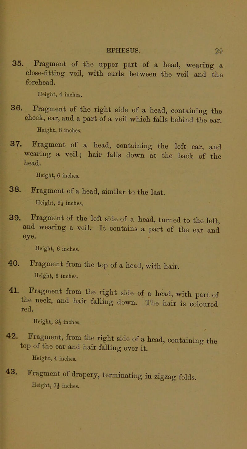 35. Fragment of the upper part of a head, wearing a close-fitting veil, with curls between the veil and the forehead. Height, 4 inches. 36. Fragment of the right side of a head, containing the cheek, ear, and a part of a veil which falls behind the ear. Height, 8 inches. 37. Fragment of a head, containing the left ear, and wearing a veil; hair falls down at the back of the head. Height, 6 inches. 38. Fragment of a head, similar to the last. Height, inches. 39. Fragment of the left sido of a head, turned to the left, and wearing a veil. It contains a part of the oar and eye. Height, 6 inches. 40. Fragment from the top of a head, with hair. Height, 6 inches. 41. Fragment from the right side of a head, with part of the neck, and hair falling down. The hair is coloured red. Height, 3J inches. / 42. Fragment, from the right side of a head, containing the top of the ear and hair falling over it. Height, 4 inches. 43. Fragment of drapery, terminating in zigzag folds. Height, 7$ inches.