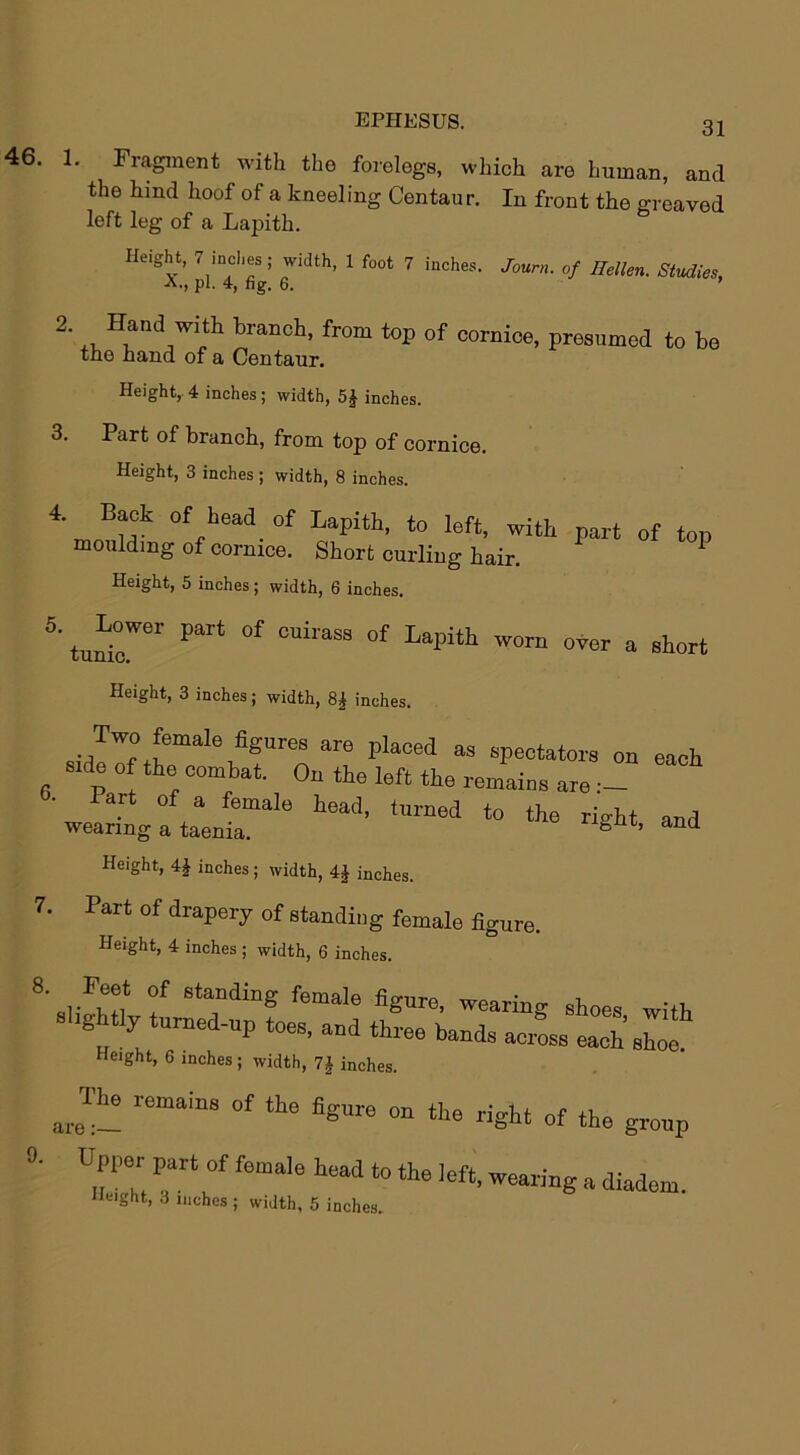 46. 31 1. Fragment with the forelegs, which are human, and the hind hoof of a kneeling Centaur. In front the greaved left leg of a Lapith. Height, 7 inches; width, 1 foot 7 inches. Journ. of Hellen. Studies, A., pi. 4, fig. 6. ’ 2‘ Ha,ld with branch, from top of cornice, presumed to be tne hand of a Centaur. Height, 4 inches ; width, 5£ inches. 3. Part of branch, from top of cornice. Height, 3 inches ; width, 8 inches. 4 mnBu°k °f fhead. of LaI>ith' t0 left, with part of top moulding of cornice. Short curling hair. 1 Height, 5 inches; width, 6 inches. tur ^ °f °airaSS °f Lapith ™ a short Height, 3 inches; width, 8£ inches. Two female figures are placed as spectators on each side of the combat. On the left the remains are .— P of a female head, turned to the right and wearing a taenia. g ’ and Height, 4£ inches; width, 4J inches. 7. Part of drapery of standing female figure. Height, 4 inches ; width, 6 inches. Height, 6 inches ; width, 7£ inches. ^ The remains of the figure on the right of the group 9. Upper part of female head to the left, wearing a diadem.