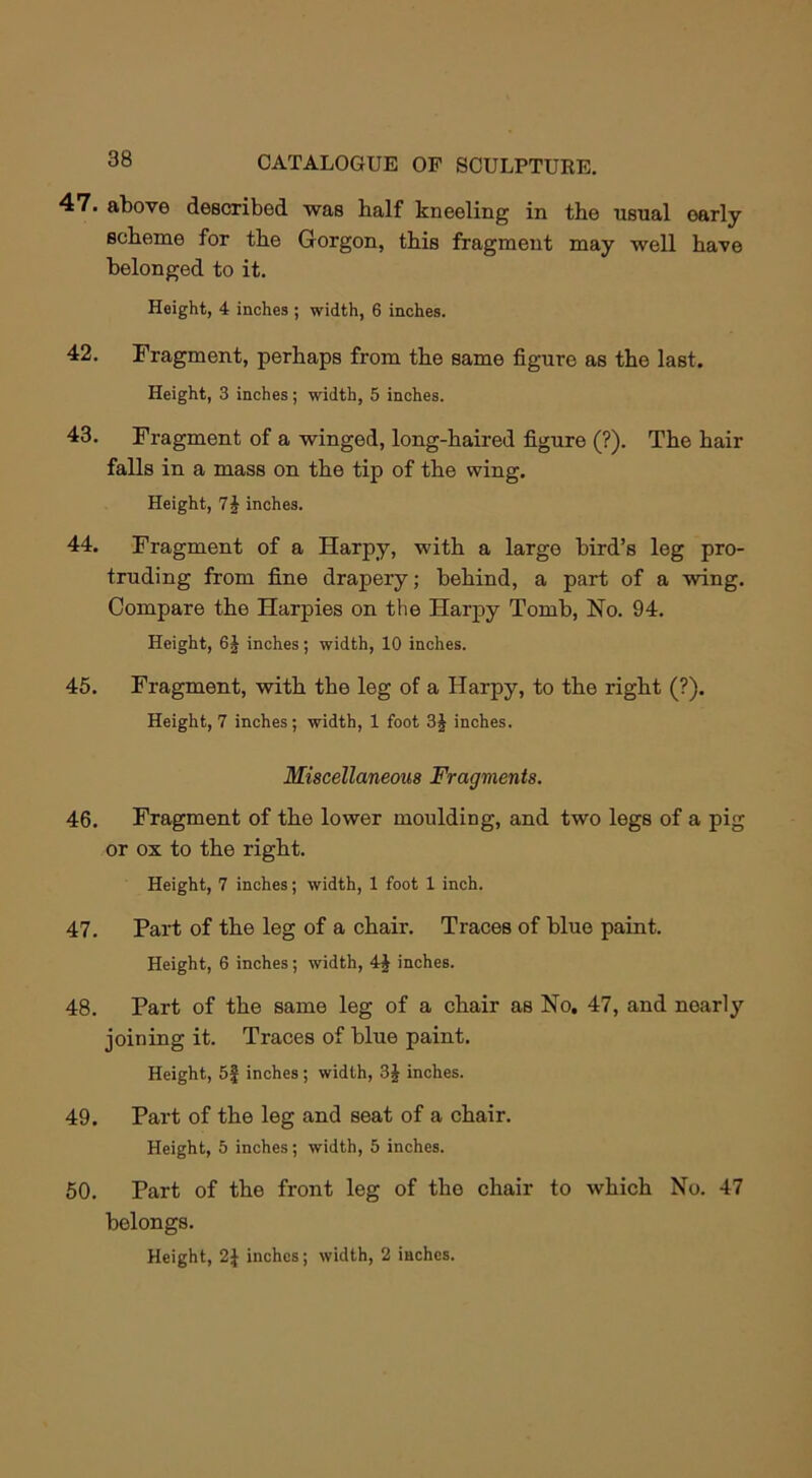 47. above described was half kneeling in the usual oarly scheme for the Gorgon, this fragment may well have belonged to it. Height, 4 inches ; width, 6 inches. 42. Fragment, perhaps from the same figure as the last. Height, 3 inches; width, 5 inches. 43. Fragment of a winged, long-haired figure (?). The hair falls in a mass on the tip of the wing. Height, 7J inches. 44. Fragment of a Harpy, with a large bird’s leg pro- truding from fine drapery; behind, a part of a wing. Compare the Harpies on the Harpy Tomb, No. 94. Height, 6J inches; width, 10 inches. 45. Fragment, with the leg of a Harpy, to the right (?). Height, 7 inches; width, 1 foot 3J inches. Miscellaneous Fragments. 46. Fragment of the lower moulding, and two legs of a pig or ox to the right. Height, 7 inches; width, 1 foot 1 inch. 47. Part of the leg of a chair. Traces of blue paint. Height, 6 inches; width, 4J inches. 48. Part of the same leg of a chair as No. 47, and nearly joining it. Traces of blue paint. Height, 5f inches; width, 3J inches. 49. Part of the leg and seat of a chair. Height, 5 inches; width, 5 inches. 50. Part of the front leg of the chair to which No. 47 belongs.