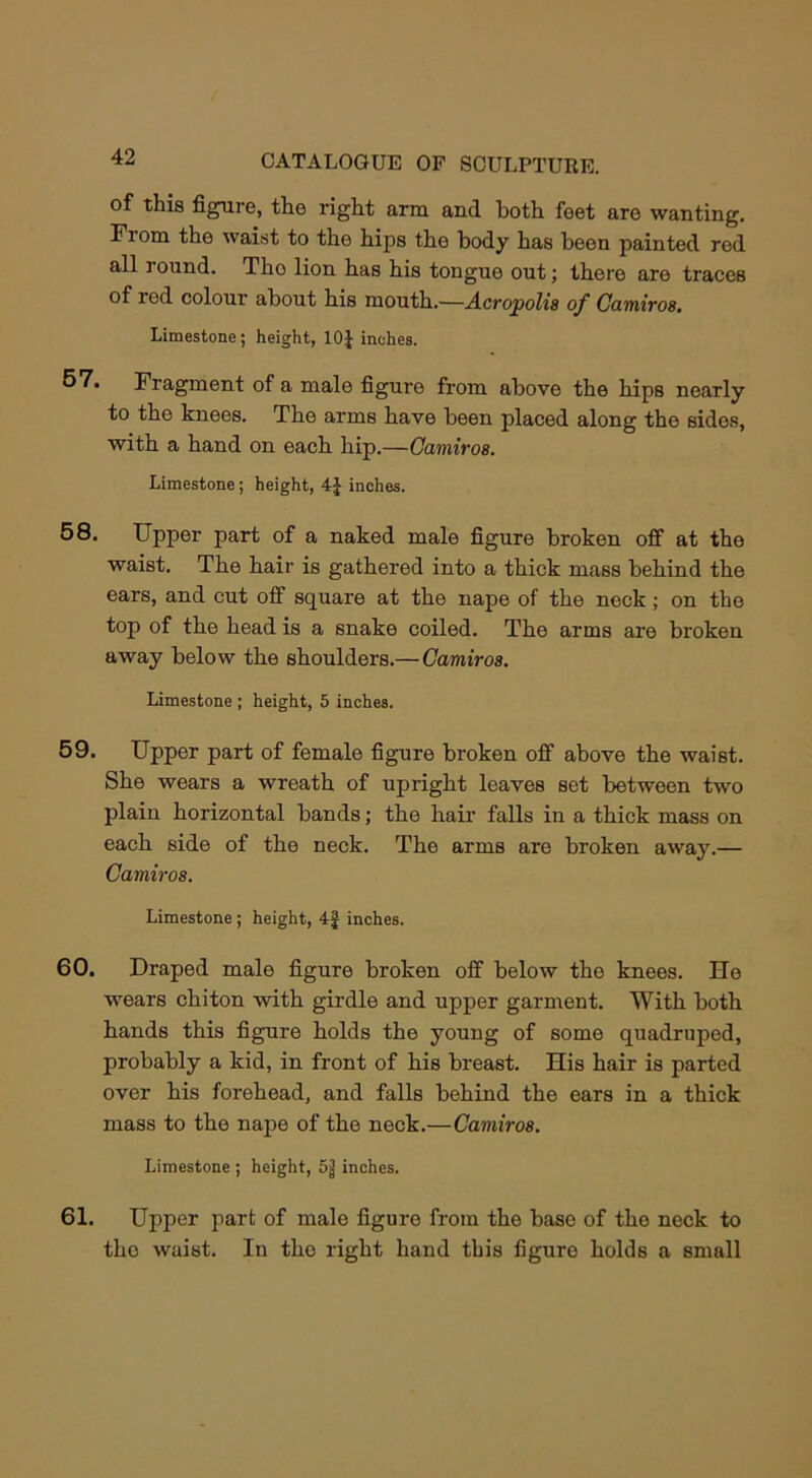 of this figure, the right arm and both feet are wanting. Fiom the waist to the hips the body has been painted red all round. Tho lion has his tongue out; there are traces of red colour about his mouth.—Acropolis of Camiros. Limestone; height, 10J inches. Fragment of a male figure from above the hips nearly to the knees. The arms have been placed along the sides, with a hand on each hip.—Camiros. Limestone; height, 4* inches. 58. Upper part of a naked male figure broken off at the waist. The hair is gathered into a thick mass behind the ears, and cut oif square at the nape of the neck; on the top of the head is a snake coiled. The arms are broken away below the shoulders.— Camiros. Limestone ; height, 5 inches. 59. Upper part of female figure broken off above the waist. She wears a wreath of upright leaves set between two plain horizontal bands; the hair falls in a thick mass on each side of the neck. The arms are broken away.— Camiros. Limestone ; height, 4§ inches. 60. Draped male figure broken off below tho knees. lie wears chiton with girdle and upper garment. With both hands this figure holds the young of some quadruped, probably a kid, in front of his breast. His hair is parted over his forehead, and falls behind the ears in a thick mass to the nape of the neck.—Camiros. Limestone ; height, 5$ inches. 61. Upper part of male figure from the base of tho neck to tho waist. In tho right hand this figure holds a small
