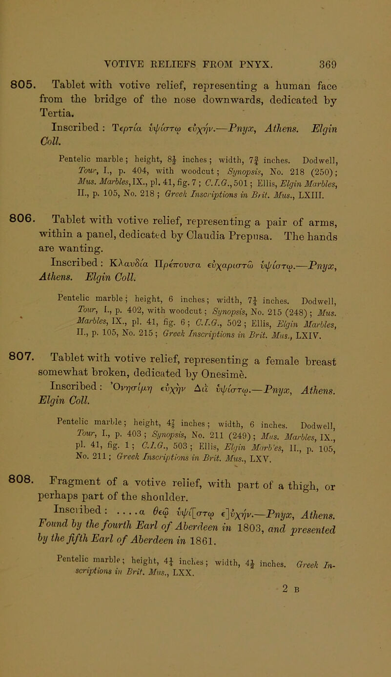 805. 806. 807. 808. Tablet with votive relief, representing a human face from the bridge of the nose downwards, dedicated by Tertia. Inscribed : Tepria v\plcmo ev^r/v.—Pnyx, Athens. Elgin Coll Pentelic marble; height, 8J inches; width, 7§ inches. Dodwell, Tour, I., p. 404, with woodcut; Synopsis, No. 218 (250); Mus. Marbles, IX., pi. 41, fig. 7 ; C.T.G., 501; Ellis, Elgin Marbles, II.) P- 105, No. 218 ; Greek Inscriptions in Bril. Mus., LXIII. Tablet with votive relief, representing a pair of arms, within a panel, dedicated by Claudia Prepnsa. The hands are wanting. Inscribed : KAavSia IIpe7rouaa ev^apirrTw tarot.—Pnyx, Athens. Elgin Coll. Pentelic marble; height, 6 inches; width, 7J inches. Dodwell, Tour, I., p. 402, with woodcut; Synopsis, No. 215 (248); Mus. Marbles, IX., pi. 41, fig. 6; G.I.G., 502; Ellis, Elgin Marbles, II., p. 105, No. 215; Greek Inscriptions in Brit. Mas., LXIV. Tablet with votive relief, representing a female breast somewhat broken, dedicated by Onesime. Inscribed: Ovqm.prj ea^r/v All xnf/itrTio.—Pnyx, Athens. Elgin Coll. Pentelic marble; height, 4| inches; width, 6 inches. Dodwell, Tour, I., p. 403; Synopsis, No. 211 (249); Mus. Marbles, IX., pi. 41, fig. 1 ; C.I.G., 503 ; Ellis, Elgin Marb'es, II., p. 105, No. 211; Greek Inscriptions in Brit. Mus., LXV. Fragment of a votive relief, with part of a thigh, or perhaps part of the shoulder. Inscribed: a 6e<2 m/aJVru) e]i>xgv.~Pnyx, Athens. Found by the fourth Earl of Aberdeen in 1803, and presented by the fifth Earl of Aberdeen in 1861. Pentelic marble; height, 4J inches; width, inches. Greek In- scriptions in Brit. Mus., LXX. 2 B
