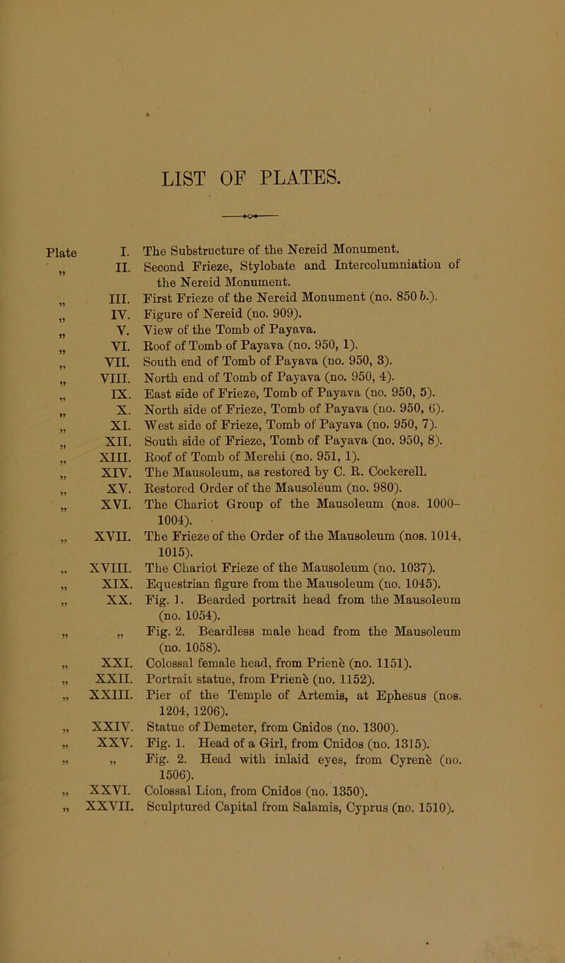 LIST OF PLATES. Plate V 5) » 51 )> »» J5 )» I. The Substructure of the Nereid Monument. II. Second Frieze, Stylobate and Intercolumniation of the Nereid Monument. III. First Frieze of the Nereid Monument (no. 850 6.). IV. Figure of Nereid (no. 909). V. View of the Tomb of Payava. VI. Eoof of Tomb of Payava (no. 950,1). VII. South end of Tomb of Payava (no. 950, 3). VIII. North end of Tomb of Payava (no. 950, 4). IX. East side of Frieze, Tomb of Payava (no. 950, 5). X. North side of Frieze, Tomb of Payava (no. 950, 6). XL West side of Frieze, Tomb of Payava (no. 950, 7). XII. South side of Frieze, Tomb of Payava (no. 950, 8). XIII. Eoof of Tomb of Merehi (no. 951,1). XrV. The Mausoleum, as restored by C. E. Cockerell. XV. Eestored Order of the Mausoleum (no. 980). XVI. The Chariot Group of the Mausoleum (nos. 1000- 1004). ■ XVII. The Frieze of the Order of the Mausoleum (nos. 1014, 1015). XVIII. The Chariot Frieze of the Mausoleum (no. 1037). XIX. Equestrian figure from the Mausoleum (no. 1045). XX. Fig. 1. Bearded portrait head from the Mausoleum (no. 1054). „ Fig. 2. Beardless male head from the Mausoleum (no. 1058). XXL Colossal female head, from Prienh (no. 1151). XXII. Portrait statue, from Prienh (no. 1152). XXIII. Pier of the Temple of Artemis, at Ephesus (nos. 1204,1206). XXIV. Statue of Demeter, from Cnidos (no. 1300). XXV. Fig. 1. Head of a Girl, from Cnidos (no. 1315). „ Fig. 2. Head with inlaid eyes, from Cyrenh (no. 1506). XXVI. Colossal Lion, from Cnidos (no. 1350). XXVII. Sculptured Capital from Salamis, Cyprus (no. 1510).