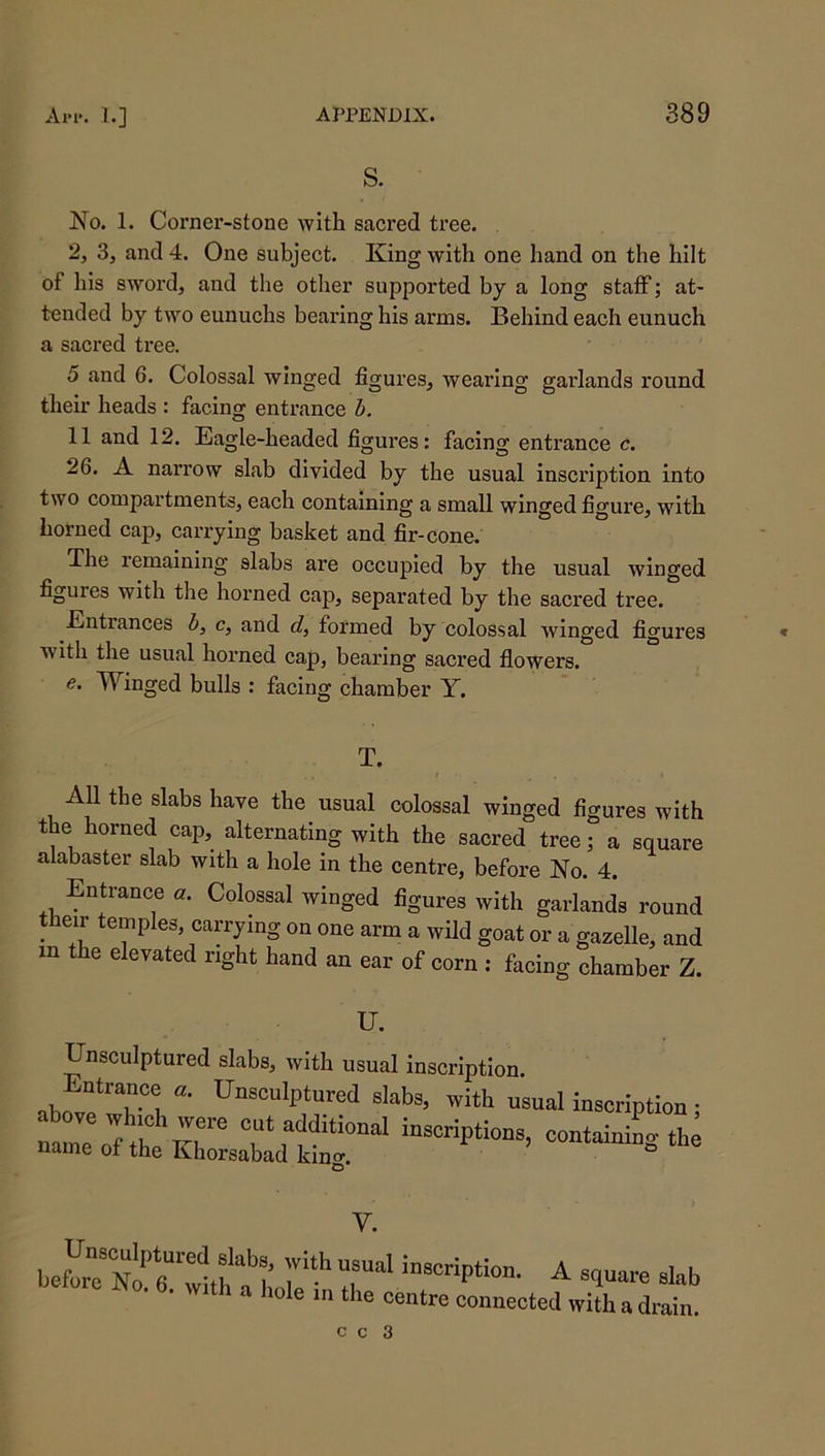 S. No. 1. Corner-stone Avith sacred tree. 2, 3, and 4. One subject. King with one hand on the hilt of his sword, and the other supported by a long staff; at- tended by two eunuchs bearing his arms. Behind each eunuch a sacred ti’ee. 5 and 6. Colossal Avinged figures, wearing gaidands round their heads : facing entrance 5. 11 and 12. Eagle-headed figures: facing entrance c, 26. A narrow slab divided by the usual inscription into two compartments, each containing a small winged figure, with horned cap, carrying basket and fir-cone. The remaining slabs are occupied by the usual Avinged figures with the horned cap, separated by the sacred tree. Entrances d, c, and d, formed by colossal Avinged figures with the usual horned cap, bearing sacred flowers. e. Winged bulls : facing chamber Y. T. All the slabs have the usual colossal winged figures with the horned cap, alternating with the sacred tree; a square alabaster slab with a hole in the centre, before No. 4. Entrance a. Colossal winged figures with garlands round their temples, carrying on one arm a Avild goat or a gazelle, and in the elevated right hand an ear of corn ; facing chamber Z. Unsculptured slabs, with usual inscription, nhn U^sculptured slabs, with usual inscription • V. • th a hole in the centre connected with a drain.