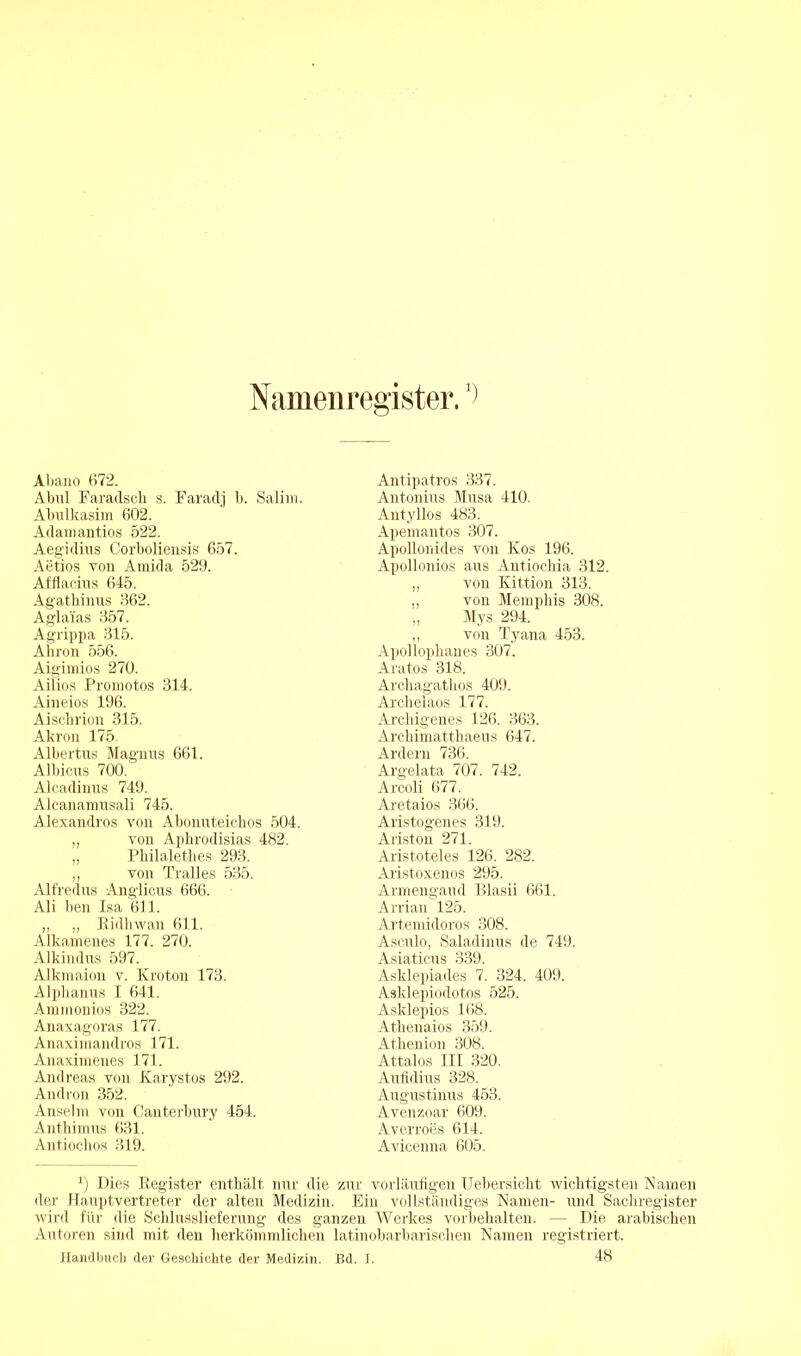 Namenregister, Abano 672. Abnl Faradsch s. Faradj b. Salim. Abulkasim 602. Adamantios 522. Aegidius Corboliensis 657. Aetios von Amida 529. Aifiacius 645. Agathinus 362. AgMas 357. Agrippa 315. Ahron 556. Aigimios 270. Ailios Promotos 314. Aineios 196. Aischrion 315. Akron 175 Albertus Magnus 661. Albicus 700. Alcadinus 749. Alcanamusali 745. Alexandros von Abonuteichos 504. „ von Aphrodisias 482. „ Philalethes 293. „ von Tralles 535. AlfrecLus Anglicus 666. Ali ben Isa 611. ,, „ Ridhwan 611. Alkamenes 177. 270. Alkindus 597. Alkmaion v. Kroton 173. Alphanus I 641. Ammonios 322. Anaxagoras 177. Anaximandros 171. Anaximenes 171. Andreas von Karystos 292. Andron 352. Anselm von Canterbury 454. Anthimus 631. Antiochos 319. Antipatros 337. Antonius Musa 410. Antyllos 483. Apemantos 307. Apollonides von Kos 196. Apollonios aus Antiockia 312. „ von Kittion 313. „ von Memphis 308. „ Mys 294. „ von Tyana 453. Apollophanes 307. Aratos 318. Archagathos 409. Archelaos 177. Archigenes 126. 363. Archimatthaeus 647. Ardern 736. Argelata 707. 742. Arcoli 677. Aretaios 366. Aristogenes 319. Ariston 271. Aristoteles 126. 282. Aristoxenos 295. Armengaud Blasii 661. Arrian 125. Artenüdoros 308. Asculo, Saladinus de 749. Asiaticus 339. Asklepiades 7. 324. 409. Asklepiodotos 525. Asklepios 168. Athenaios 359. Athenion 308. Attalos III 320. Aufidius 328. Augustinus 453. Avenzoar 609. Averroes 614. Avieenna 605. 1) Dies Register enthält nur die zur vorläufigen Uebersicht wichtigsten Namen der Hauptvertreter der alten Medizin. Ein vollständiges Namen- und Sachregister wird für die Schlusslieferung des ganzen Werkes Vorbehalten. — Die arabischen Autoren sind mit den herkömmlichen latinobarbarischen Namen registriert.