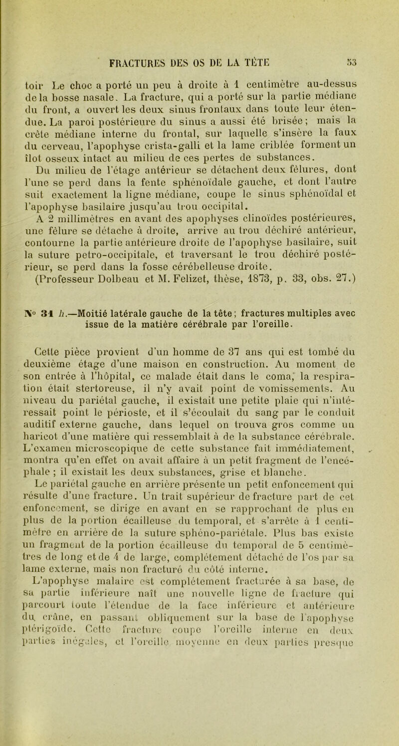 toir Le choc a porté un peu à droite à 1 centimètre au-dessus delà bosse nasale. La fracture, qui a porté sur la partie médiane du front, a ouvert les deux sinus frontaux dans toute leur éten- due. La paroi postérieure du sinus a aussi été brisée ; mais la crête médiane interne du frontal, sur laquelle s’insère la taux du cerveau, l’apophyse crista-galli et la lame criblée forment un îlot osseux intact au milieu de ces pertes de substances. Du milieu de l'étage antérieur se détachent deux fêlures, dont l’une se perd dans la fente sphénoïdale gauche, et dont l’autre suit exactement la ligne médiane, coupe le sinus sphénoïdal et l’apophyse basilaire jusqu’au trou occipital. A 2 millimètres en avant des apophyses clinoïdes postérieures, une fêlure se détache à droite, arrive au trou déchiré antérieur, contourne la partie antérieure droite de l’apophyse basilaire, suit la suture petro-occipitale, et traversant le trou déchiré posté- rieur, se perd dans la fosse cérébelleuse droite. (Professeur Dolbeau et M. Felizet, thèse, 1813, p. 33, obs. 27.) 31 h.—Moitié latérale gauche de la tête; fractures multiples avec issue de la matière cérébrale par l’oreille. Cette pièce provient d’un homme de 37 ans qui est tombé du deuxième étage d’une maison en construction. Au moment de son entrée à l’hôpital, ce malade était dans le coma, la respira- tion était stertoreuse, il n’y avait point de vomissements. Au niveau du pariétal gauche, il existait une petite plaie qui n'inté- ressait point le périoste, et il s’écoulait du sang par le conduit auditif externe gauche, dans lequel on trouva gros comme un haricot d’une matière qui ressemblait à de la substance cérébrale. L’examen microscopique de cette substance fait immédiatement, montra qu’en effet on avait affaire à un petit fragment de l’encé- phale ; il existait les deux substances, grise et blanche. Le pariétal gauche en arrière présente un petit enfoncement qui résulte d’une fracture. Un trait supérieur de fracture part de cet enfoncement, se dirige en avant en se rapprochant de plus en plus de la portion écailleuse du temporal, et s’arrête à 1 centi- mètre en arrière de la suture sphéno-pariétale. Plus bas existe un fragment de la portion écailleuse du temporal de 5 centimè- tres de long et de 4 de large, complètement détaché de l’os par sa lame externe, mais non fracturé du côté interne. L’apophyse malaire est complètement fracturée à sa base, de sa partie inférieure naît une nouvelle ligne de fracture qui parcourt toute l’étendue de la face inférieure et antérieure du. crâne, en passant obliquement sur la base de l'apophyse ptérigoïde. Cette fracture coupe l’oreille interne en doux parties inégales, et l’oreille moyenne en deux parties presque