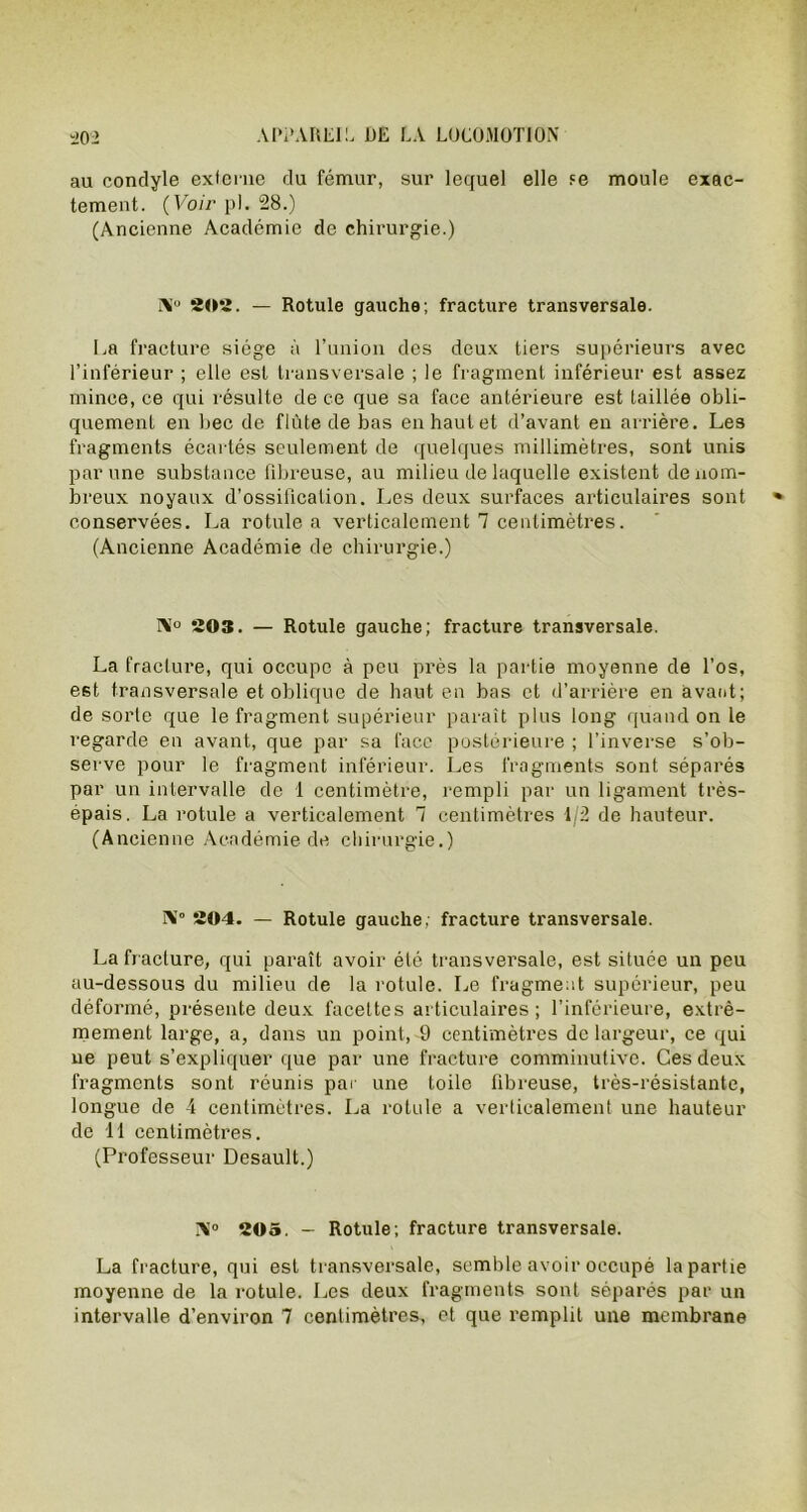 au condyle externe du fémur, sur lequel elle ?e moule exac- tement. (Voir pl. 28.) (Ancienne Académie de chirurgie.) Ni0 20*2. — Rotule gauche; fracture transversale. La fracture siège à l’union des deux tiers supérieurs avec l’inférieur ; elle est transversale ; le fragment inférieur est assez mince, ce qui résulte de ce que sa face antérieure est taillée obli- quement en bec de flûte de bas en haut et d’avant en arrière. Les fragments écartés seulement de quelques millimètres, sont unis par une substance fibreuse, au milieu de laquelle existent de nom- breux noyaux d’ossification. Les deux surfaces articulaires sont conservées. La rotule a verticalement 7 centimètres. (Ancienne Académie de chirurgie.) 1\T° 203. — Rotule gauche; fracture transversale. La fracture, qui occupe à peu près la partie moyenne de l’os, est transversale et oblique de haut en bas et d’arrière en avant; de sorte que le fragment supérieur paraît plus long quand on le regarde en avant, que par sa face postérieure ; l’inverse s’ob- serve pour le fragment inférieur. Les fragments sont séparés par un intervalle de 1 centimètre, rempli par un ligament très- épais. La rotule a verticalement 7 centimètres 1/2 de hauteur. (Ancienne Académie de chirurgie.) iV 204. — Rotule gauche, fracture transversale. La fracture, qui paraît avoir été transversale, est située un peu au-dessous du milieu de la rotule. Le fragment supérieur, peu déformé, présente deux facettes articulaires; l’inférieure, extrê- mement large, a, dans un point, 9 centimètres de largeur, ce qui ne peut s’expliquer que par une fracture comminutive. Ces deux fragments sont réunis par une toile fibreuse, très-résistante, longue de 4 centimètres. La rotule a verticalement une hauteur de 11 centimètres. (Professeur Desault.) A’0 205. - Rotule; fracture transversale. La fracture, qui est transversale, semble avoir occupé lapartie moyenne de la rotule. Les deux fragments sont séparés par un