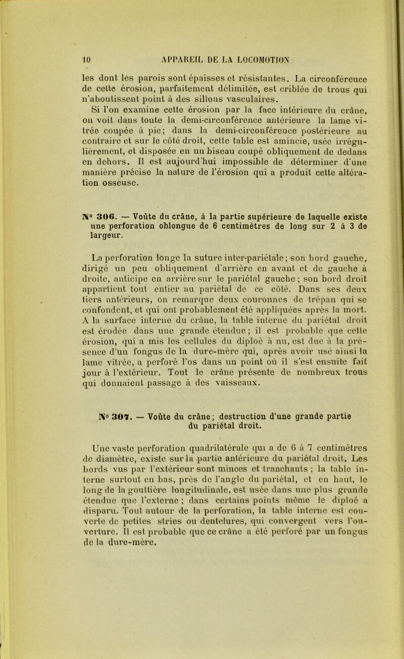 les dont les parois sont épaisses et résistantes. La circonféreuce de cette érosion, parfaitement délimitée, est criblée de trous qui n’aboutissent point à des sillons vasculaires. Si l’on examine cette érosion par la face intérieure du crâne, on voit dans toute la demi-circonférence antérieure la lame vi- trée coupée à pic; dans la demi-circonférence postérieure au contraire et sur le côté droit, cette table est amincie, usée irrégu- lièrement, et disposée en un biseau coupé obliquement de dedans en dehors. Il est aujourd’hui impossible de déterminer d’une manière précise la nature de l’érosion qui a produit cette altéra- tion osseuse. IM° 306. — Voûte du crâne, à la partie supérieure de laquelle existe une perforation oblongue de 6 centimètres de long sur 2 à 3 de largeur. La perforation longe la suture inter-pariétale ; son bord gauche, dirigé un peu obliquement d'arrière en avant et de gauche à droite, anticipe en arrière sur le pariétal gauche; son bord droit appartient tout entier au pariétal de ce côté. Dans ses deux tiers antérieurs, on remarque deux couronnes de trépan qui se confondent, et qui ont probablement été appliquées après la mort. A la surface interne du crâne, la table interne du pariétal droit est érodée dans une grande étendue ; il est probable que cette érosion, qui a mis les cellules du diploé à nu, est due à la pré- sence d'un fongus de la dure-mère qui, après avoir usé ainsi la lame vitrée, a perforé l’os dans un point où il s’est ensuite fait jour à l’extérieur. Tout le crâne présente de nombreux trous qui donnaient passage à des vaisseaux. N° 307. — Voûte du crâne; destruction d’une grande partie du pariétal droit. Une vaste perforation quadrilatérale qui a de 6 à 7 centimètres de diamètre, existe sur la partie antérieure du pariétal droit. Les bords vus par l’extérieur sont minces et tranchants ; la table in- terne surtout en bas, près de l’angle du pariétal, et en haut, le long de la gouttière longitudinale, est usée dans une plus grande étendue que l’externe ; dans certains points même le diploé a disparu. Tout autour de la perforation, la table interne est cou- verte de petites stries ou dentelures, qui convergent vers l’ou- verture. Il est probable que ce crâne a été perforé par un fongus de la dure-mère.