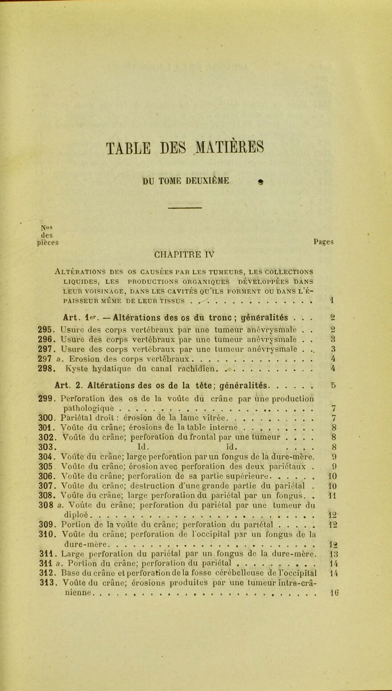 DU TOME DEUXIÈME * Nos des pièces Pages CHAPITRE IV Altérations des os causées par les tumeurs, les collections LIQUIDES, LES PRODUCTIONS ORGANIQUES DÉVELOPPÉES DANS LEUR VOISINAGE, DANS LES CAVITÉS Qü’lLS FORMENT OU DANS l’É- PAISSEUR MÊME DE LEUR TISSUS 1 Art. le. — Altérations des os du tronc; généralités ... 2 295. Usure des corps vertébraux par une tumeur anévrysmale . . 2 296. Usure des corps vertébraux par une tumeur anévrysmale . . 3 297. Usure des corps vertébraux par une tumeur anévrysmale . .. 3 297 a. Erosion des corps vertébraux 4 298. Kyste hydatique du canal rachidien 4 Art. 2. Altérations des os de la tête; généralités 5 299. Perforation des os de la voûte du crâne par une production pathologique 7 300. Pariétal droit : érosion de la lame vitrée 7 301. Voûte du crâne; érosions de la table interne 8 302. Voûte du crâne; perforation du frontal par une tumeur .... 8 303. Id. id. .... 8 304. Voûte du crâne; large perforation par un fongus de la dure-mère. 9 305 Voûte du crâne; érosion avec perforation des deux pariétaux . 9 306. Voûte du crâne; perforation de sa partie supérieure 10 307. Voûte du crâne; destruction d’une grande partie du pariétal . 10 308. Voûte du crâne; large perforation du pariétal par un fongus. . 11 308 a. Voûte du crâne; perforation du pariétal par une tumeur du diploé 12 309. Portion de la voûte du crâne; perforation du pariétal 12 310. Voûte du crâne; perforation de l'occipital par un fongus de la dure-mère Ig 311. Large perforation du pariétal par un fongus de la dure-mère. 13 311 a. Portion du crâne; perforation du pariétal 14 312. Base du crâne et perforation de la fosse cérébelleuse de l’occipital 14 313. Voûte du crâne; érosions produites par une tumeur intra-crâ- nienne 16