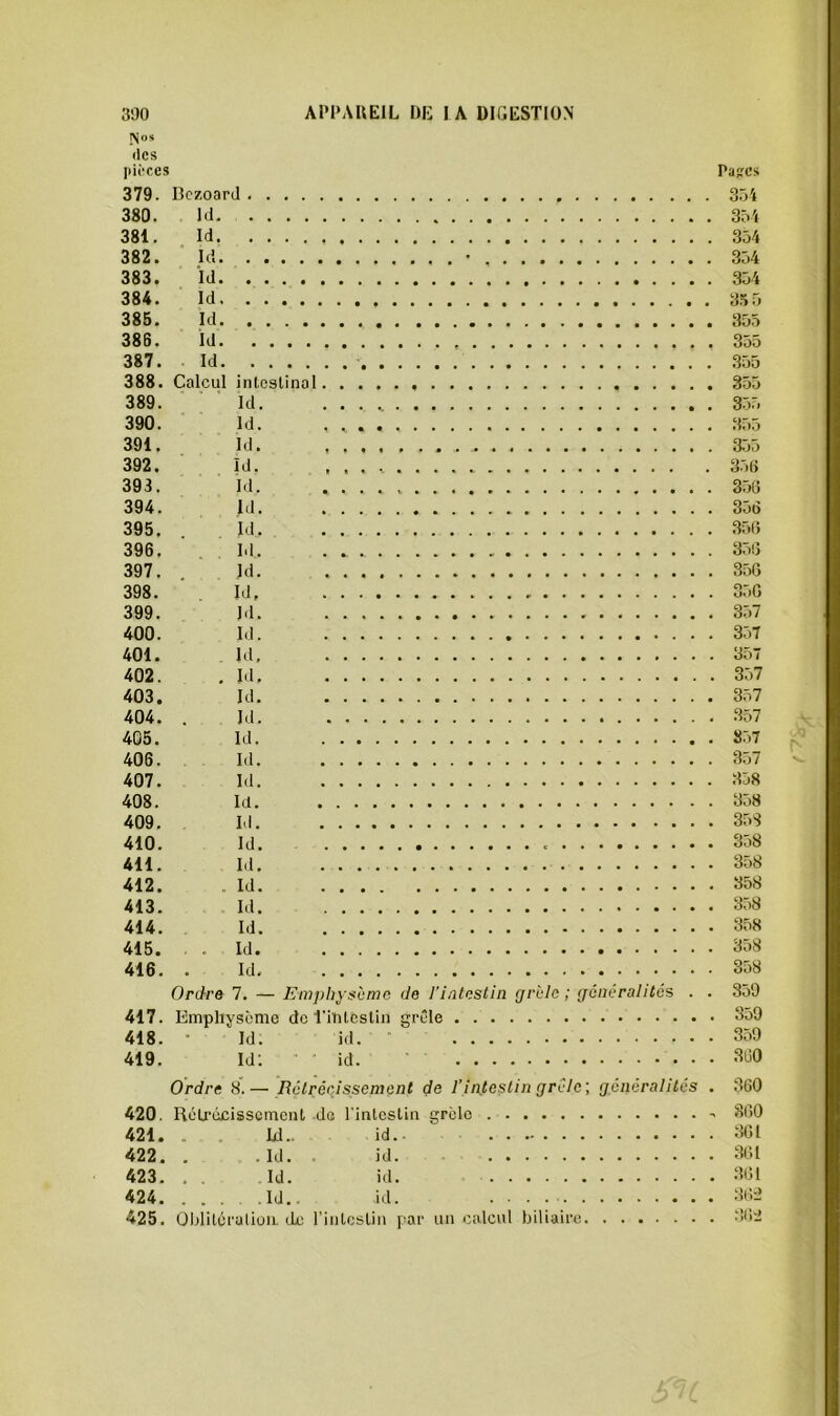 [Sus (les pièces Papres 379. Bezoard 3.'/t 380. Id 3ô4 381. Id 354 382. Id • 334 383. ïd 334 384. Id. 3.^3 385. Id 333 386. Id 355 387. Id ' 333 388. Calcul inleslinol 353 389. Id. 3.33 390. Id. , 3,33 391. Id. 333 392. id. 350 393. Id. 330 394. Id. 330 395. . Id 330 396. . , Id. 330 397. , Id. 350 398. Id. 330 399. Id. 337 400. Id. 337 401. Id, 357 402. , Id. 337 403. Id. 337 404. . M. 357 405. Id. 837 406. Id 337 407. Id 338 408. la. 338 409. Id. 33S 410. Id. 338 411. Id 358 412. . Id 358 413. Id 338 414. Id. 358 415. , . Id. 358 416. . Id 338 Ordre 7. — Emj)hysbmc de l’intestin grLdc ; (jôneralités . . 339 417. Emphysème de l’iîilCslin grêle 359 418. • Id. id. 359 419. Id; ' id. 300 Ordre 8.— Bôtrécjssement de l’intestin grCdc; généralités . 360 420. Rclj-(jxissemcnt do l'intcsliii grole 300 421. . kl.. id 301 422. . .Id. . id îI0l 423. , . Id. id. 301 424 Id.. id. 30l» 425. Ülditérulioii. de riiitcsUn par uii calcul hiliaire 302