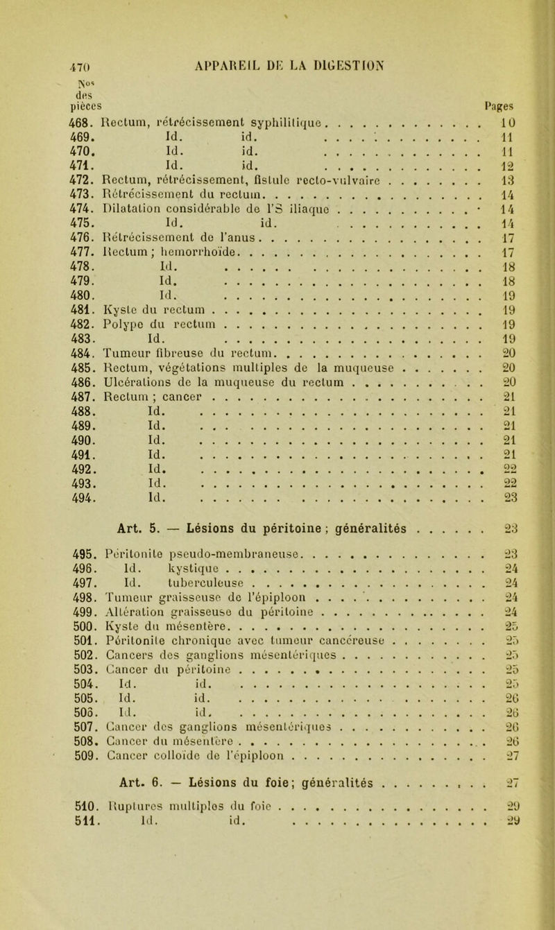 T\OS dus pièces Pages 468. Rectum, rétrécissement syphilitique 10 469. Id. id. H 470. Id. id. 11 471. Id. id. 12 472. Rectum, rétrécissement, flslulc rccto-vulvaire 13 473. Rétrécissement du rectum 14 474. Dilatation considérable de l'S iliaque • 14 475. Id. id. 14 476. Rétrécissement do l'anus 17 477. Rectum ; hemorrhoïde 17 478. Id. 18 479. Id. 18 480. Id. 19 481. Kyste du rectum 19 482. Polype du rectum 19 483. Id. 19 484. Tumeur fibreuse du rectum 20 485. Rectum, végétations multiples de la muqueuse 20 486. Ulcérations de la muqueuse du rectum . . 20 487. Rectum ; cancer 21 488. Id 21 489. Id 21 490. Id 21 491. Id 21 492. Id 22 493. Id 22 494. Id 23 Art. 5. — Lésions du péritoine ; généralités 23 495. Péritonite pseudo-membraneuse 496. Id. kystique 497. Id. tuberculeuse 498. Tumeur graisseuse de l’épiploon ...... 499. Altération graisseuse du péritoine 500. Kyste du mésentère 501. Péritonite chronique avec tumeur cancéreuse 502. Cancers des ganglions mésentériques . . . . 503. Cancer du péritoine 504. Ici. id 505. Id. id 505. Id. id 507. Cancer des ganglions mésentériques . . . . 508. Cancer du mésentère 509. Cancer colloïde de l’épiploon 23 24 24 24 24 25 25 25 25 25 26 26 26 26 27 Art. 6. — Lésions du foie; généralités 510. Ruptures multiples du foie 29 511. Id. id. 2y