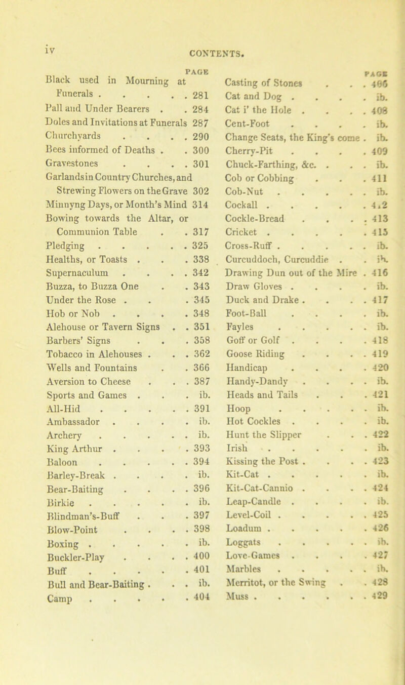 IV Black used in Mourning PAGE at Casting of Stones PAGB . 466 Funerals . . . , . 281 Cat and Dog . . ib. Pall and Under Bearers . . 284 Cat i’ the Hole . . 408 Doles and Invitations at Funerals 287 Cent-Foot . ib. Churchyards . 290 Change Seats, the King's come ib. Bees informed of Deaths . . 300 Cherry-Pit . 409 Gravestones . 301 Chuck-Farthing, &c. . . ib. Garlands in Country Churches, and Cob or Cobbing . 411 Strewing Flowers on the Grave 302 Cob-Nut .... . ib. Miunyng Days, or Month’s Mind 314 Cock all .... . 4.2 Bowing towards the Altar, or Cockle-Bread . 413 Communion Table . 317 Cricket .... i 415 Pledging . . . . . 325 Cross-Ruff .... . ib- Healths, or Toasts . . 338 Curcuddoch, Curcuddie . . ib. Supernaculum . 342 Drawing Dun out of the Mire . 416 Buzza, to Buzza One . 343 Draw Gloves . . ib. Under the Rose . . 345 Duck and Drake . . 417 Hob or Nob . . 348 Foot-Ball . ib. Alehouse or Tavern Signs . . 351 Fayles .... . ib. Barbers’ Signs . 358 Goff or Golf . . 418 Tobacco in Alehouses . . 362 Goose Riding . 419 Wells and Fountains . 366 Handicap . 4 20 Aversion to Cheese . 387 Handy-Dandy . ib Sports and Games . . ib. Heads and Tails . 421 All-Hid . . . . . 391 Hoop .... . ib Ambassador . ib. Hot Cockles . . ib. Archery . . . . . ib. Hunt the Slipper . 422 King Arthur . . 393 Irish .... . ib Baloon . . . . . 394 Kissing the Post . . 423 Barley-Break . . ib. Kit-Cat .... . ib Bear-Baiting . 396 Kit-Cat-Cannio . . 424 Birkie .... . ib. Leap-Candle . . ib. Blindman’s-BufF . 397 Level-Coil .... . 425 Blow-Point . 398 Loadum .... . 426 Bo.ving .... . ib. Loggats .... . ib Buckler-Play . 400 Love Games . . 427 Buff ... . . 401 Marbles .... . ib Bull and Bear-Baiting . . ib. Merritot, or the Swing . 428 Camp .... . 404 Muss . 429