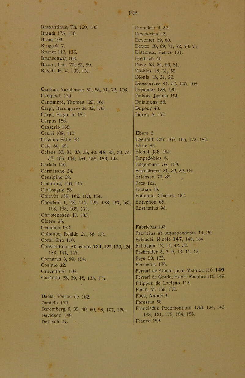 Brabantinus, Th. 129, 130. Brandt 175, 176. Briau 103. Brugsch 7. Brunet 113, 136. Brunschwig 160. Bruun, Chr. 70, 82, 89. Busch, H. V. 130, 131. Caelius Aurelianus 52, 53, 71, 72, 106. Campbell 130. Cantimbré, Thomas 129, 161. Carpi, Berengario de 32, 136. Carpi, Hugo de 157. Carpus 156. Casserio 158. Casiri 108, 110. Cassius Felix 72. Cato 36, 49. Celsus 30, 31, 33, 35, 40, 48, 49, 50, 51, 57, 106, 144, 154, 155, 156, 193. Cerlata 146. Cermisone 24. Cesalpino 68. Channing 116, 117. Chassagny 58. Chievitz 138, 162, 163, 164. Choulant 1, 73, 114, 120, 138, 157, 161, 163, 165, 169, 171. Christenssen, H. 183. Cicero 36. Claudian 172. Colombo, Realdo 21, 56, 135. Comi Siro 110. Constantinus Africanus 121,122,123,124, 133, 144, 147. Cornarus 3, 99, 154. Cosimo 32. Cruveilhier 149. Curåtulo 38, 39, 48, 135, 177. Dada, Petrus de 162. Daniels 172. Darem berg 6, 35, 49, 69, 98, 107, 120. Davidson 148. Delitsch 27. Demokrit 6, 52. Desiderius 121. Deventer 59, 60^ Dewez 68, 69, 71, 72, 73, 74. Diaconus, Petrus 121. Diettrich 46. Dietz 53, 54, 66, 81. Diokles 18, 31, 55. Dionis 15, 21, 22. Dioscorides 41, 52, 105, 108. Dryander 138, 139. Dubois, Jaques 154. Dulaurens 56. Dupouy 48. Diirer, A. 170. Ebers 6. Egenolff, Chr. 165, 166, 173, 187. Ehrle 82. Eichel, Joh. 181. Empedokles 6. Engelmann 58, 150. Erasistratos 31, 32, 52, 64. Erichsen 70, 89. Eros 122. Erotian 18. Estienne, Charles, 157. Euryphon 65. Eusthatius 98. Fabricius 102. Fabricius ab Aquapendente 14, 20. Falcucci, Nicolo 147, 148, 184. Falloppio 12, 14, 42, 56. Fasbender 3, 7, 9, 10, 11, 13. Faye 58, 163. Ferragius 126. Ferrari de Grado, Jean Mathieu 110, 149. Ferrari de Grado, Henri Maxime 110, 149. Filippus de Lavigno 113. Flach, M. 169, 170. Foes, Anuce 3. Forestus 58. Francisdus Pedemontium 133, 134, 143, 148, 151, 178, 184, 185. Franco 189.