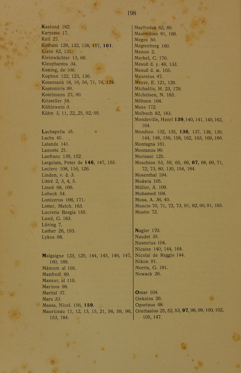 Kaalund 182. Karystos 17. Kell 27. Ketham 128, 132, 138, 157, 161. Klein 82, 131. Kleinwachter 13, 66. Kleophantos 34. Koning, de 106. Kophon 122, 123, 136. Kossmann 18, 19, 56, 71, 74, 124. Kostomiris 99. Kotelmann 27j 90. Kristeller 58. Kiihlewein 3. Kuhn 3, 11, 22,.25, 92, 95. Lachapelle 45. Lachs 49. Lalande 141. Lamotte 21. Lanfranc 139, 152. Largelata, Peter de 146, 147, 155. Ledere 108, 116, 126. Linden, v. d. 3. Littré 2, 3, 4, 5. Linné 68, 166. Lobeck 54. Lonicerus 166, 171. Lotter, Melch. 163. Lueretia Borgia 155. Lund, G. 183. Liiring 7. Luther 26, 193. Lykos 98. Malgaigne 123, 125, 144, 145, 146, 147, 160, 189. Måmum al 105. Manfred! 89. Mansur, al 110. Marinos 98. Martial 37. Marx 33. Massa, Nicol. 156, 159. Mauriceau 11, 12, 13, 15, 21, 56, 59, 96, 153, 184. Mayfredus 82, 89. Maximilian 81, 168. Meges 50. Megtenberg 160. Menon 2. Merkel, C. 170. Mesué d. y. 49, 133. Mesué d. æ. 105. Meursius 47. Meyer, E. 121, 129. Michaélis, H. 23, 179. Michelsen, N. 183. Mohsen 164. Moes 172. Molbech 82, 183. Mondeville, Henri 139,140, 141, 145,162, 164. Mondino 132, 135, 136, 137, 138, 139, 144, 148, 156, 158, 162, 163, 169, 186. Montagna 161. Montanus 99. Morisani 125. Moschion 53, 59, 65, 66, 67, 68, 69, 71, 72, 73, 80, 130, 154, 184. Mosenthai 194. Muåwia 105. Muller, A. 109. Muhamed 104. Musa, A. 36, 40. Muscio 70, 71, 72, 73, 81, 82, 90, 91, 185. Mustio 72. Nagler 170. Naudet 35. Nestorius 104. Nicaise 140, 144, 164. Nicolai de Reggio 144. Nikon 91. Norrie, G. 181. Nowack 26. Omar 104. Onkelos 26. Oporinus 68. Oreibasios 25, 52,53, 97, 98,99, 100, 102, 105, 147.