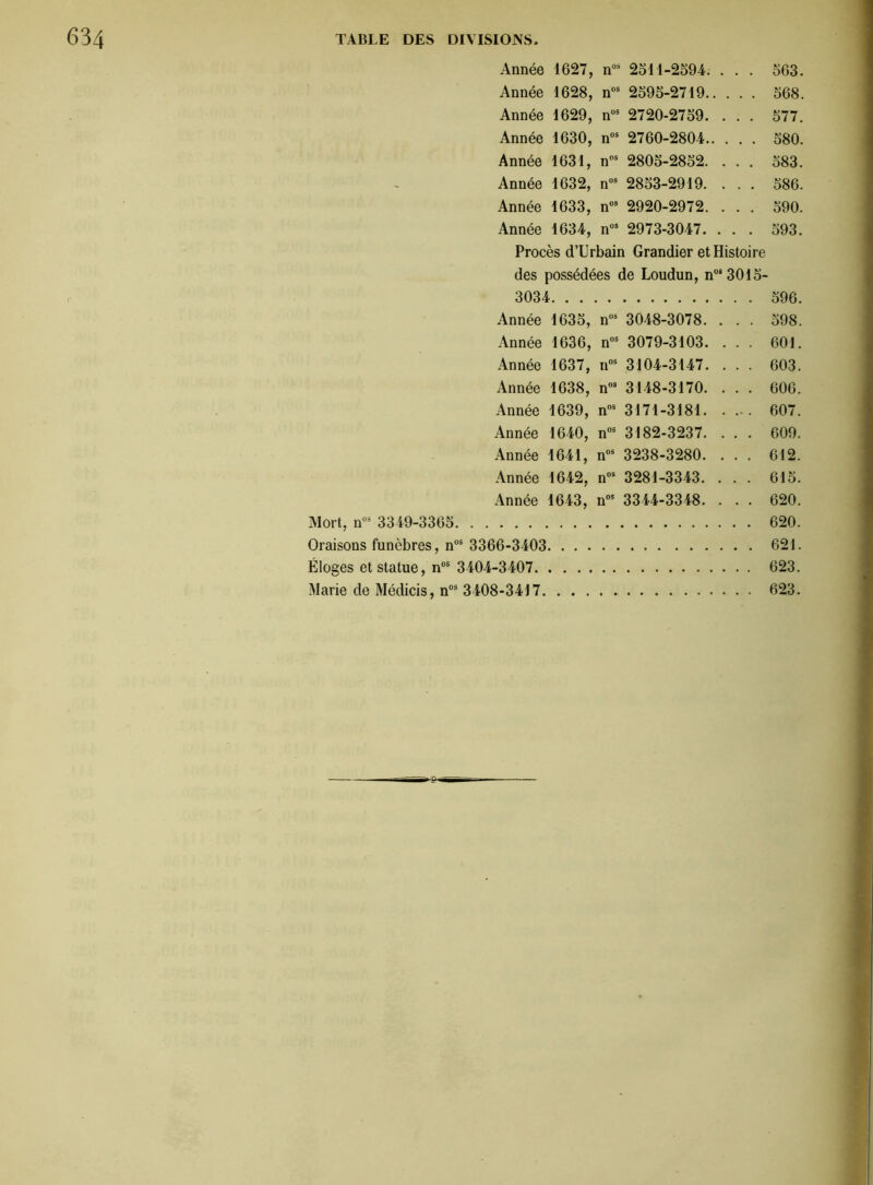 Année 1627, nos 2511-2594. . . . 563. Année 1628, nos 2595-2719 568. Année 1629, nos 2720-2759. . . . 577. Année 1630, nos 2760-2804 580. Année 1631, nps 2805-2852. ... 583. Année 1632, n08 2853-2919. . . . 586. Année 1633, n08 2920-2972. . . . 590. Année 1634, n08 2973-3047. ... 593. Procès d’Urbain Grandier et Histoire des possédées de Loudun, nos3015- 3034 596. Année 1635, n08 3048-3078. ... 598. Année 1636, n08 3079-3103. . . . 601. Année 1637, il08 3104-3147. ... 603. Année 1638, n08 3148-3170. . . . 606. Année 1639, n08 3171-3181 607. Année 1640, n08 3182-3237. . . . 609. Année 1641, n08 3238-3280. . . . 612. Année 1642, nos 3281-3343. . . . 615. Année 1643, n08 3344-3348. . . . 620. Mort, n08 3349-3365 620. Oraisons funèbres, n08 3366-3403 621. Éloges et statue, nos 3404-3407 623. Marie de Médicis, n08 3408-3417 623.