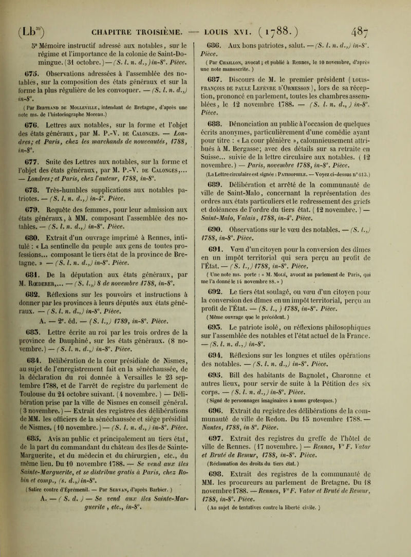 o° Mémoire instructif adressé aux notables, sur le régime et l’importance de la colonie de Saint-Do- mingue. (31 octobre. ) — (S. I. n. d.,)in-8°. Pièce. 075. Observations adressées à l’assemblée des no- tables, sur la composition des états généraux et sur la forme la plus régulière de les convoquer. — (S. I. n. d.J in-8°. ( Par Bertrand de Molleville, intendant de Bretagne, d’après une note ms. de l’Iiistoriographe Moreau.) 070. Lettres aux notables, sur la forme et l’objet des états généraux, par M. P.-Y. de Calonges. — Lon- dres; et Paris, chez les marchands de nouveautés, 1788, in-8°. 077. Suite des Lettres aux notables, sur la forme et l’objet des états généraux, par M. P.-V. de Calonges,... — Londres ; et Paris, chez l'auteur, 1788, in-8°. 078. Très-humbles supplications aux notables pa- triotes. — (S. I. n. d.,J in-4°. Pièce. 079. Requête des femmes, pour leur admission aux états généraux, à MM. composant l’assemblée des no- tables. — (S. I. n. d.J in-8°. Pièce. 080. Extrait d’un ouvrage imprimé à Rennes, inti- tulé : « La sentinelle du peuple aux gens de toutes pro- fessions... composant le tiers état de la province de Bre- tagne. » — (S. I. n. d.J in-8°. Pièce. 081. De la députation aux états généraux, par M. Roederer,... — (S. I.,) 8 de novembre .1788, in-8°. 082. Réflexions sur les pouvoirs et instructions à donner par les provinces à leurs députés aux états géné- raux. — ( S. I. n. d.J in-8°. Pièce. A. — 2e. éd. — (S. l.J 1789, in-8°. Pièce. 083. Lettre écrite au roi par les trois ordres de la province de Dauphiné, sur les états généraux. (8 no- vembre.) — (S. I. n. d.J in-8°. Pièce. 084. Délibération de la cour présidiale de Nismes, au sujet de l’enregistrement fait en la sénéchaussée, de la déclaration du roi donnée à Versailles le 23 sep- tembre 1788, et de l’arrêt de registre du parlement de Toulouse du 24 octobre suivant. (4 novembre. ) — Déli- bération prise par la ville de Nismes en conseil général. ( 3 novembre, ) — Extrait des registres des délibérations de MM. les officiers de la sénéchaussée et siège présidial de Nismes. ( 10 novembre. ) — (S. I. n. d., ) in-8°. Pièce. 085. Avis au public et principalement au tiers état, de la part du commandant du château des îles de Sainte- Marguerite, et du médecin et du chirurgien, etc., du même lieu. Du 10 novembre 1788. — Se vend aux îles Sainte-Marguerite, et se distribue gratis à Paris, chez Ro- binet comp., fs. d.,)in-S°. ( Satire contre d’Éprémenil. — Par Servan, d’après Barbier. ) A. — ( S. d. ) — Ne vend aux îles Sainte-Mar- guerite , etc., in-8°. 080. Aux bons patriotes, salut. — (S. I. n. d.J in-8°. Pièce. ( Par Ciiaillon, avocat; et publié à Rennes, le 10 novembre, d’après une note manuscrite. ) 087. Discours de M. le premier président ( louis- françois de paule Lefèvre d’Ormesson ), lors de sa récep- tion, prononcé en parlement, toutes les chambres assem- blées, le 12 novembre 1788. — (S. l.n. d.,)in-8°. Pièce. 088. Dénonciation au public à l’occasion de quelques écrits anonymes, particulièrement d’une comédie ayant pour titre : « La cour plénière », calomnieusement attri- bués à M. Bergasse; avec des détails sur sa retraite en Suisse... suivie de la lettre circulaire aux notables. ( 12 novembre. ) — Paris, novembre 1788, in-8°. Pièce. (La Lettre circulaire est signée : Patriophile. —Voyez ci-dessus n°613.) 089. Délibération et arrêté de la communauté de ville de Saint-Malo, concernant la représentation des ordres aux états particuliers et le redressement des griefs et doléances de l’ordre du tiers état. ( 12 novembre. ) — Saint-Malo, Valais, 1788, in-4°. Pièce. 090. Observations sur le vœu des notables. — (S. l.J 1788, in-8°. Pièce. 091. Vœu d’un citoyen pour la conversion des dîmes en un impôt territorial qui sera perçu au profit de l’État. — fS. l.J 1788, in-8°. Pièce. ( Une note ms. porte : « M. Mole, avocat au parlement de Paris, qui me l’a donné le 14 novembre 88. » ) 092. Le tiers état soulagé, ou vœu d’un citoyen pour la conversion des dîmes en un impôt territorial, perçu au profit de l’État. — (S. L, ) 1788, in-8°. Pièce. ( Même ouvrage que le précédent. ) 093. Le patriote isolé, ou réflexions philosophiques sur l’assemblée des notables et l’état actuel de la France. — (S. I. n. d.J in-8°. 094. Réflexions sur les longues et utiles opérations des notables. — (S.l. n. d.J in-8°. Pièce. 095. Bill des habitants de Bagnolet, Charonne et autres lieux, pour servir de suite à la Pétition des six corps. — (S. I. n. d.Jin-80. Pièce. (Signé de personnages imaginaires à noms grotesques. ) 090. Extrait du registre des délibérations de la com- munauté de ville de Redon. Du 15 novembre 1788.— Nantes, 1788, in 8°. Pièce. 097. Extrait des registres du greffe de l’hôtel de ville de Rennes. (17 novembre. ) — Rennes, Ve F. Vatar et Bruté de Remur, 1788, in-8°. Pièce. (Réclamation des droits du tiers état.) 098. Extrait des registres de la communauté de MM. les procureurs au parlement de Bretagne. Du 18 novembre 1788. —Rennes, VeF. Vatar et Brute de Remur, 1788, in-8°. Pièce. (Au sujet de tentatives contrôla liberté civile. )