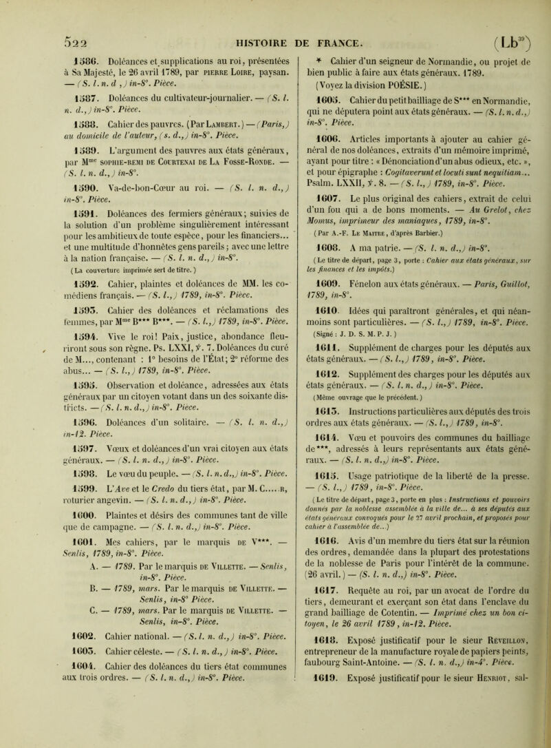 1586. Doléances et supplications au roi, présentées à Sa Majesté, le 26 avril 1789, par pierre Loire, paysan. — (S. l.n. d ,) in-8°. Pièce. 1587. Doléances du cultivateur-journalier. — (S. L n. d.,) in-8°. Pièce. 1588. Cahier des pauvres. (Par Lambert.)—(Paris,) au domicile de l’auteur, (s. d.,) in-8°. Pièce. 1589. L’argument des pauvres aux états généraux, par Mme sophie-remi de Courtenai de La Fosse-Ronde. — (S. I. n. d.,) in-8°. 1590. Va-de-bon-Cœur au roi. — (S. I. n. d.,) in-8°. Pièce. 1591. Doléances des fermiers généraux ; suivies de la solution d’un problème singulièrement intéressant pour les ambitieux de toute espèce, pour les financiers... et une multitude d’honnètes gens pareils; avec une lettre à la nation française. — (S. I. n. d.,) in-8°. (La couverture imprimée sert de titre. ) 1592. Cahier, plaintes et doléances de MM. les co- médiens français. — (S. I.,) 1789, in-8°. Pièce. 1593. Cahier des doléances et réclamations des femmes, par Mme B*** B***. — (S. l.,J 1789, in-8°. Pièce. 1594. Vive le roi! Paix, justice, abondance fleu- riront sous son règne. Ps. LXXI, t. 7. Doléances du curé de M..., contenant : 1° besoins de l’État; 2° réforme des abus... — (S. l.,J 1789, in-8°. Pièce. 1595. Observation et doléance, adressées aux états généraux par un citoyen votant dans un des soixante dis- tricts. — (S. I. n. d.,) in-8°. Pièce. 1596. Doléances d’un solitaire. — (S. I. n. d.,) in-12. Pièce. 1597. Vœux et doléances d’un vrai citoyen aux états généraux. — (S. I. n. d.,) in-8°. Pièce. 1598. Le vœu du peuple. — (S. I. n. d.,) in-8°. Pièce. 1599. L’Ave et le Credo du tiers état, par M. C R, roturier angevin. — (S. I. n. d.,) in-8°. Pièce. 1600. Plaintes et désirs des communes tant de ville que de campagne. — (S. I. n. d.,) in-8°. Pièce. 1601. Mes cahiers, par le marquis de X***. — Senlis, 1789, in-8\ Pièce. A. — 1789. Par le marquis de Villette. —Senlis, in-8°. Pièce. B. — 1789, mars. Par le marquis de Villette. — Senlis, in-8° Pièce. C. — 1789, mars. Par le marquis de Villette. — Senlis, in-8°. Pièce. 1602. Cahier national. — (S.l. n. d.,) in-8°. Pièce. 1603. Cahier céleste. — (S.l. n. d.,) in-8°. Pièce. 1604. Cahier des doléances du tiers état communes aux trois ordres. — (S. I. n. d.J in-8°. Pièce. * Cahier d’un seigneur de Normandie, ou projet de bien public à faire aux états généraux. 1789. (Voyez la division POÉSIE. ) 1605. Cahier du petit bailliage de S*** en Normandie, qui ne députera point aux états généraux. — (S. I. n. d.,) in-8°. Pièce. 1606. Articles importants à ajouter au cahier gé- néral de nos doléances, extraits d’un mémoire imprimé, ayant pour titre : «Dénonciation d’un abus odieux, etc. », et pour épigraphe : Cogitaverunt et locuti sunt nequitiam... Psalm. LXXII, t. 8. — (S. I.,) 1789, in-8°. Pièce. 1607. Le plus original des cahiers, extrait de celui d’un fou qui a de bons moments. — Au Grelot, chez Mornus, imprimeur des maniaques, 1789, in-8°. (Par A.-F. Le Maître, d’après Barbier.) 1608. A ma patrie. — (S. I. n. d.,) in-8\ (Le titre de départ, page 3, porte : Cahier aux états généraux, sur les finances et les impôts.) 1609. Fénelon aux états généraux. — Paris, Guillot, 1789, in-8°. 1610. Idées qui paraîtront générales, et qui néan- moins sont particulières. — (S. I.,) 1789, in-8°. Pièce. (Signé : J. D. S. M.P. J. ) 1611. Supplément de charges pour les députés aux états généraux. —(S. I.,) 1789, in-8°. Pièce. 1612. Supplément des charges pour les députés aux états généraux. — (S. I. n. d.,) in-8°. Pièce. ( Même ouvrage que le précédent. ) 1613. Instructions particulières aux députés des trois ordres aux états généraux. — (S. I.,) 1789, in-8°. 1614. Vœu et pouvoirs des communes du bailliage de***, adressés à leurs représentants aux états géné- raux. — (S. I. n. d.,) in-8°. Pièce. 1615. Usage patriotique de la liberté de la presse. — (S. l.,J 1789, in-8°. Pièce. ( Le titre de départ, page 3, porte en plus : Instructions et pouvoirs donnés par la noblesse assemblée à la ville de... à ses députés aux états généraux convoqués pour le 27 avril prochain, et proposés pour cahier à l'assemblée de...) 1616. Avis d’un membre du tiers état sur la réunion des ordres, demandée dans la plupart des protestations de la noblesse de Paris pour l’intérêt de la commune. (26 avril. ) — (S. I. n. d.,) in-8°. Pièce. 1617. Requête au roi, par un avocat de l’ordre du tiers, demeurant et exerçant son état dans l’enclave du grand bailliage de Cotentin. — Imprimé chez un bon ci- toyen, le 26 avril 1789, in-12. Pièce. 1618. Exposé justificatif pour le sieur Réveillon, entrepreneur de la manufacture royale de papiers peints, faubourg Saint-Antoine. — (S. I. n. d.J in-4°. Pièce. 1619. Exposé justificatif pour le sieur Henriot, sal-