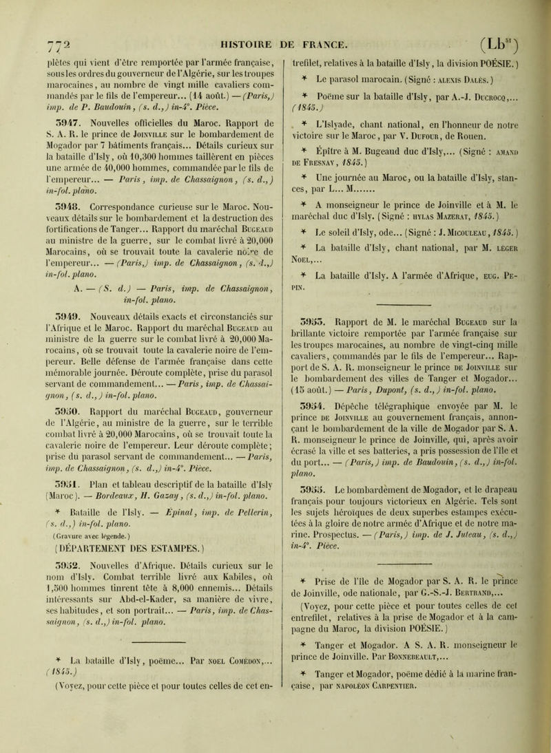 plètes qui vient d’être remportée par l’armée française, sous les ordres du gouverneur de l’Algérie, sur les troupes marocaines, au nombre de vingt mille cavaliers com- mandés par le fils de l’empereur... (14 août.) —(Paris,) imp. de P. Baudouin, (s. d.,) in-4°. Pièce. 3947. Nouvelles officielles du Maroc. Rapport de S. A. R. le prince de Joinville sur le bombardement de Mogador par 7 bâtiments français... Détails curieux sur la bataille d’Isly, où 10,300 hommes taillèrent en pièces une armée de 40,000 hommes, commandée par le fils de l'empereur... — Paris, imp. de Chassaignon, (s. d.,) in-fol. piano. 3948. Correspondance curieuse sur le Maroc. Nou- veaux détails sur le bombardement et la destruction des fortifications de Tanger... Rapport du maréchal Bugeaud au ministre de la guerre, sur le combat livré à 20,000 Marocains, où se trouvait toute la cavalerie no>e de l’empereur... —(Paris,) imp.de Chassaignon, (s. 4.,) in-fol. piano. A. — (S. d.) — Paris, imp. de Chassaignon, in-fol. piano. 3949. Nouveaux détails exacts et circonstanciés sur l’Afrique et le Maroc. Rapport du maréchal Bugeaud au ministre de la guerre sur le combat livré à 20,000 Ma- rocains, où se trouvait toute la cavalerie noire de l’em- pereur. Belle défense de l’armée française dans cette mémorable journée. Déroute complète, prise du parasol servant de commandement... —Paris, imp. de Chassai- gnon, (s. d., ) in-fol. piano. 5930. Rapport du maréchal Bugeaud, gouverneur de l’Algérie, au ministre de la guerre, sur le terrible combat livré à 20,000 Marocains, où se trouvait toute la cavalerie noire de l’empereur. Leur déroule complète ; prise du parasol servant de commandement... —Paris, imp. de Chassaignon, (s. d.,) in-4°. Pièce. 3931. Plan et tableau descriptif de la bataille d’Isly (Maroc ). — Bordeaux, H. Gazay, (s. d.,) in-fol. piano. + Bataille de l’isly. — Épinal, imp. de Pellerin, (s. d.,) in-fol. piano. (Gravure avec logende.) (DÉPARTEMENT DES ESTAMPES.) 3932. Nouvelles d’Afrique. Détails curieux sur le nom d’Isly. Combat terrible livré aux Kabiles, où 1,300 hommes tinrent tète à 8,000 ennemis... Détails intéressants sur Abd-el-Kader, sa manière de vivre, ses habitudes, et son portrait... — Paris, imp. de Chas- saignon, (s. d.,) in-fol. piano. * La bataille d’Isly , poème... Par noel Comédon,... (1845.) (Voyez, pour celte pièce et pour toutes celles de cet en- trefilet, relatives à la bataille d’Isly, la division POÉSIE. ) * Le parasol marocain. (Signé : alexis Dalès.) * Poème sur la bataille d’Isly, par A.-J. Ducrocq,... (1845.) * L’Islyade, chant national, en l’honneur de notre victoire sur le Maroc, par V. Dufour, de Rouen. * Épitre à M. Bugeaud duc d’Isly,... (Signé : amand de Fresnay, 1845. ) * Une journée au Maroc, ou la bataille d’Isly, stan- ces, par L... M * A monseigneur le prince de Joinville et à M. le maréchal duc d’Isly. ( Signé : hylas Mazerat, 1845. ) * Le soleil d’Isly, ode... (Signé : J.Micouleau, 1845. ) * La bataille d’Isly, chant national, par M. léger Noël,... * La bataille d’Isly. A l’armée d’Afrique, eug. Pé- pin. 3935. Rapport de M. le maréchal Bugeaud sur la brillante victoire remportée par l’armée française sur les troupes marocaines, au nombre de vingt-cinq mille cavaliers, commandés par le fils de l’empereur... Rap- port de S. A. R. monseigneur le prince de Joinville sur le bombardement des villes de Tanger et Mogador... (13 août.) —Paris, Dupont, (s. d.,) in-fol. piano. 3934. Dépêche télégraphique envoyée par M. le prince de Joinville au gouvernement français, annon- çant le bombardement de la ville de Mogador par S. A. R. monseigneur le prince de Joinville, qui, après avoir écrasé la ville et ses batteries, a pris possession de l’ile et du port... — (Paris,) imp. de Baudouin, (s. d.,) in-fol. piano. 5933. Le bombardement de Mogador, et le drapeau français pour toujours victorieux en Algérie. Tels sont les sujets héroïques de deux superbes estampes exécu- tées à la gloire de notre armée d’Afrique et de notre ma- rine. Prospectus. —(Paris,) imp. de J. Juleau, (s. d.,) in-4°. Pièce. * Prise de l’ile de Mogador par S. A. R. le prince de Joinville, ode nationale, par G.-S.-J. Bertrand,... (Voyez, pour cette pièce et pour toutes celles de cet entrefilet, relatives à la prise de Mogador et à la cam- pagne du Maroc, la division POÉSIE. ) * Tanger et Mogador. A S. A. R. monseigneur le prince de Joinville. Par Bonnebeault,... * Tanger et Mogador, poème dédié à la marine fran- çaise , par napoléon Carpentier.