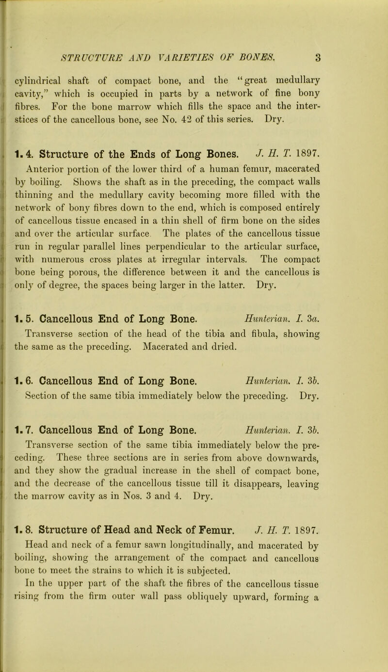 cylindrical shaft of compact bone, and the “great medullary cavity,” which is occupied in parts by a network of fine bony fibres. For the bone marrow which fills the space and the inter- stices of the cancellous bone, see No. 42 of this series. Dry. 1.4. Structure of the Ends of Long Bones. J. H. T. 1897. Anterior portion of the lower third of a human femur, macerated by boiling. Shows the shaft as in the preceding, the compact walls thinning and the medullary cavity becoming more filled with the network of bony fibres down to the end, which is composed entirely of cancellous tissue encased in a thin shell of firm bone on the sides and over the articular surface The plates of the cancellous tissue run in regular parallel lines perpendicular to the articular surface, with numerous cross plates at irregular intervals. The compact bone being porous, the difference between it and the cancellous is only of degree, the spaces being larger in the latter. Dry. 1.5. Cancellous End of Long Bone. Hunterian. I. 3a. Transverse section of the head of the tibia and fibula, showing the same as the preceding. Macerated and dried. 1.6. Cancellous End of Long Bone. Hunterian. 1. 3b. Section of the same tibia immediately below the preceding. Dry. 1.7. Cancellous End of Long Bone. Hunterian. I. 3b. Transverse section of the same tibia immediately below the pre- ceding. These three sections are in series from above downwards, and they show the gradual increase in the shell of compact bone, and the decrease of the cancellous tissue till it disappears, leaving the marrow cavity as in Nos. 3 and 4. Dry. 1. 8. Structure of Head and Neck of Femur. J. H. T. 1897. Head and neck of a femur sawn longitudinally, and macerated by boiling, showing the arrangement of the compact and cancellous bone to meet the strains to which it is subjected. In the upper part of the shaft the fibres of the cancellous tissue rising from the firm outer wall pass obliquely upward, forming a