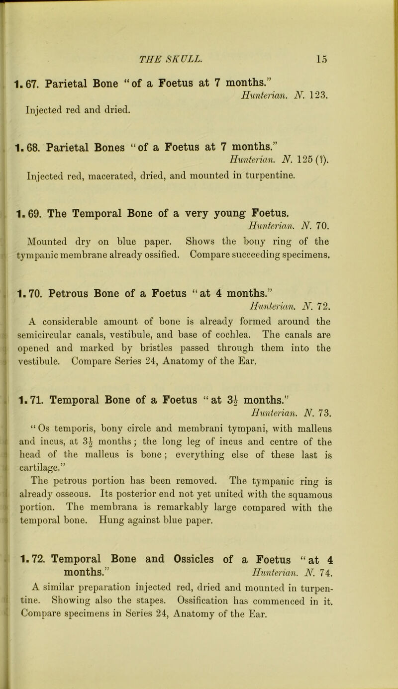 1.67. Parietal Bone “of a Foetus at 7 months.” Hunterian. N. 123. Injected red and dried. 1.68. Parietal Bones “of a Foetus at 7 months.” Hunterian. N. 125(1). Injected red, macerated, dried, and mounted in turpentine. 1.69. The Temporal Bone of a very young- Foetus. Hunterian. N. 70. Mounted dry on blue paper. Shows the bony ring of the tympanic membrane already ossified. Compare succeeding specimens. 1.70. Petrous Bone of a Foetus “at 4 months.” Hunterian. N. 72. A considerable amount of bone is already formed around the semicircular canals, vestibule, and base of cochlea. The canals are opened and marked by bristles passed through them into the vestibule. Compare Series 24, Anatomy of the Ear. 1.71. Temporal Bone of a Foetus “at 3A months.” Hunterian. N. 73. “ Os temporis, bony circle and membrani tympani, with malleus and incus, at 3J months; the long leg of incus and centre of the head of the malleus is bone; everything else of these last is cartilage.” The petrous portion has been removed. The tympanic ring is already osseous. Its posterior end not yet united with the squamous portion. The membrana is remarkably large compared with the temporal bone. Hung against blue paper. 1.72. Temporal Bone and Ossicles of a Foetus “at 4 months.” Hunterian. N. 74. A similar preparation injected red, dried and mounted in turpen- tine. Showing also the stapes. Ossification has commenced in it. Compare specimens in Series 24, Anatomy of the Ear.