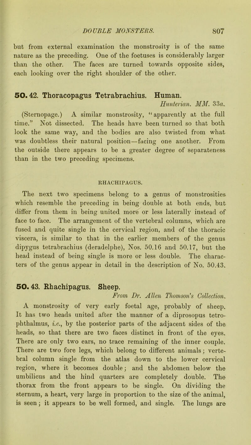 but from external examination the monstrosity is of the same nature as the preceding. One of the foetuses is considerably larger than the other. The faces are turned towards opposite sides, each looking over the right shoulder of the other. 50.42. Thoracopagus Tetrabrachius. Human. Hunterian. MM. 33a. (Sternopage.) A similar monstrosity, “apparently at the full time.” Not dissected. The heads have been turned so that both look the same way, and the bodies are also twisted from what was doubtless their natural position—facing one another. From the outside there appears to be a greater degree of separateness than in the two preceding specimens. RHACHIPAGUS. The next two specimens belong to a genus of monstrosities which resemble the preceding in being double at both ends, but differ from them in being united more or less laterally instead of face to face. The arrangement of the vertebral columns, which are fused and quite single in the cervical region, and of the thoracic viscera, is similar to that in the eaidier members of the genus dipygus tetrabrachius (deradelphe), Nos. 50.16 and 50.17, but the head instead of being single is more or less double. The charac- ters of the genus appear in detail in the description of No. 50.43.. 50. 43. Rhachipagus. Sheep. From, Dr. Allen Thomson’s Collection_ A monstrosity of very early foetal age, probably of sheep. It has two heads united after the manner of a diprosopus tetro- phthalmus, i.e., by the posterior parts of the adjacent sides of the heads, so that there are two faces distinct in front of the eyes. There are only two ears, no trace remaining of the inner couple. There are two fore legs, which belong to different animals; verte- bral column single from the atlas down to the lower cervical region, where it becomes double; and the abdomen below the umbilicus and the hind quarters are completely double. The thorax from the front appears to be single. On dividing the sternum, a heart, very large in proportion to the size of the animal, is seen; it appears to be well formed, and single. The lungs are