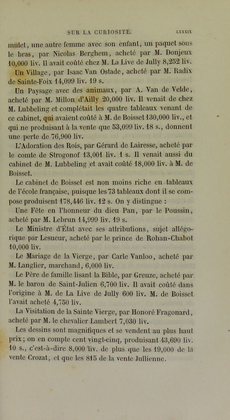 mulet, une autre femme avec son enfant, un paquet sous le bras, par Nicolas Bergbem, acheté par M. Donjeux 10,000 liv. 11 avait coûté chez M. La Live de Jully 8,252 liv. Un Village, par Isaac Van Ostade, acheté par M. Radix de Sainte-Foix 14,099 liv. 19 s. Un Paysage avec des animaux, par A. Van de Velde, acheté par M. Millon d’Ailly 20,000 liv. Il venait de chez M. Lubbeling et complétait les quatre tableaux venant de ce cabinet, qui avaient coûté à M. de Boisset 130,000 liv., et qui ne produisant à la vente que 53,099 liv. 18 s., donnent une perte de 76,900 liv. L’Adoi'ation des Rois, par Gérard de Lairesse, acheté par le comte de Strogonof 13,001 liv. 1 s. Il venait aussi du cabinet de M. Lubbeling et avait coûté 18,000 liv. à M. de Boisset. Le cabinet de Boisset est non moins riche en tableaux de l’école française, puisque les 73 tableaux dont il se com- pose produisent 178,446 liv. 12 s. On y distingue : Une Fête en l’honneur du dieu Pan, par le Poussin, acheté par M. Lebrun 14,999 liv. 19 s. Le Ministre d’État avec ses attributions, sujet allégo- rique par Lesueur, acheté par le prince de Rohan-Chabot 10,000 liv. Le Mariage de la Vierge, par Carie Vanloo, acheté par M. Langlier, marchand, 6,000 liv. Le Père de famille lisant la Bible, par Greuze, acheté par M. le baron de Saint-Julien 6,700 liv. Il avait coûté dans l’origine à M. de La Live de Jully 600 liv. M. de Boisset l’avait acheté 4,750 liv. La Visitation de la Sainte Vierge, par Honoré Fragonard, acheté par M. le chevalier Lambert 7,030 liv. Les dessins sont magnifiques et se vendent au plus haut prix ; on en compte cent vingt-cinq, produisant 43,690 liv. 10 s., c’est-à-dire 8,000'liv. de plus que les 19,000 de la vente Crozat, et que les 815 de la vente Jullienne.