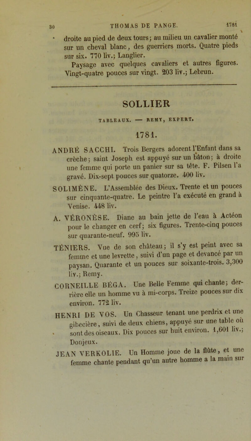 • droite au pied de deux tours ; au milieu un cavalier monté sur un cheval blanc, des guerriers morts. Quatre pieds sur six. 770 liv.; Langlier. Paysage avec quelques cavaliers et autres figures. Vingt-quatre pouces sur vingt. 203 liv.; Lebrun. SOLLIER TABLEAUX. REMY, EXPERT. 1781. ANDRÉ SACCHI. Trois Bergers adorent l’Enfant dans sa crèche; saint Joseph est appuyé sur un bâton; à droite une femme qui porte un panier sur sa tête. F. Pilsen l’a gravé. Dix-sept pouces sur quatorze. 400 liv. S0L1MÈNE. L’Assemblée des Dieux. Trente et un pouces sur cinquante-quatre. Le peintre 1 a exécuté en grand à Venise. 448 liv. A. VÉRONÈSE. Diane au bain jette de l’eau à Actéon pour le changer en cerf; six figures. Trente-cinq pouces sur quarante-neuf. 993 liv. TÉNIERS. Vue de son château; il s’y est peint avec sa femme et une levrette, suivi d un page et de\ ancé par un paysan. Quarante et un pouces sur soixante-trois. 3,300 liv.; Remy. CORNEILLE BÉGA. Une Belle Femme qui chante; der- rière elle un homme vu à mi-corps. Treize pouces sur dix environ. 772 liv. HENRI DE VOS. Un Chasseur tenant une perdrix et une gibecière, suivi de deux chiens, appuyé sur une table où sont des oiseaux. Dix pouces sur huit environ. 1,601 liv.; Don jeux. JEAN VERKOLIE. Un Homme joue de la flûte, et une femme chante pendant qu’un autre homme a la main sur