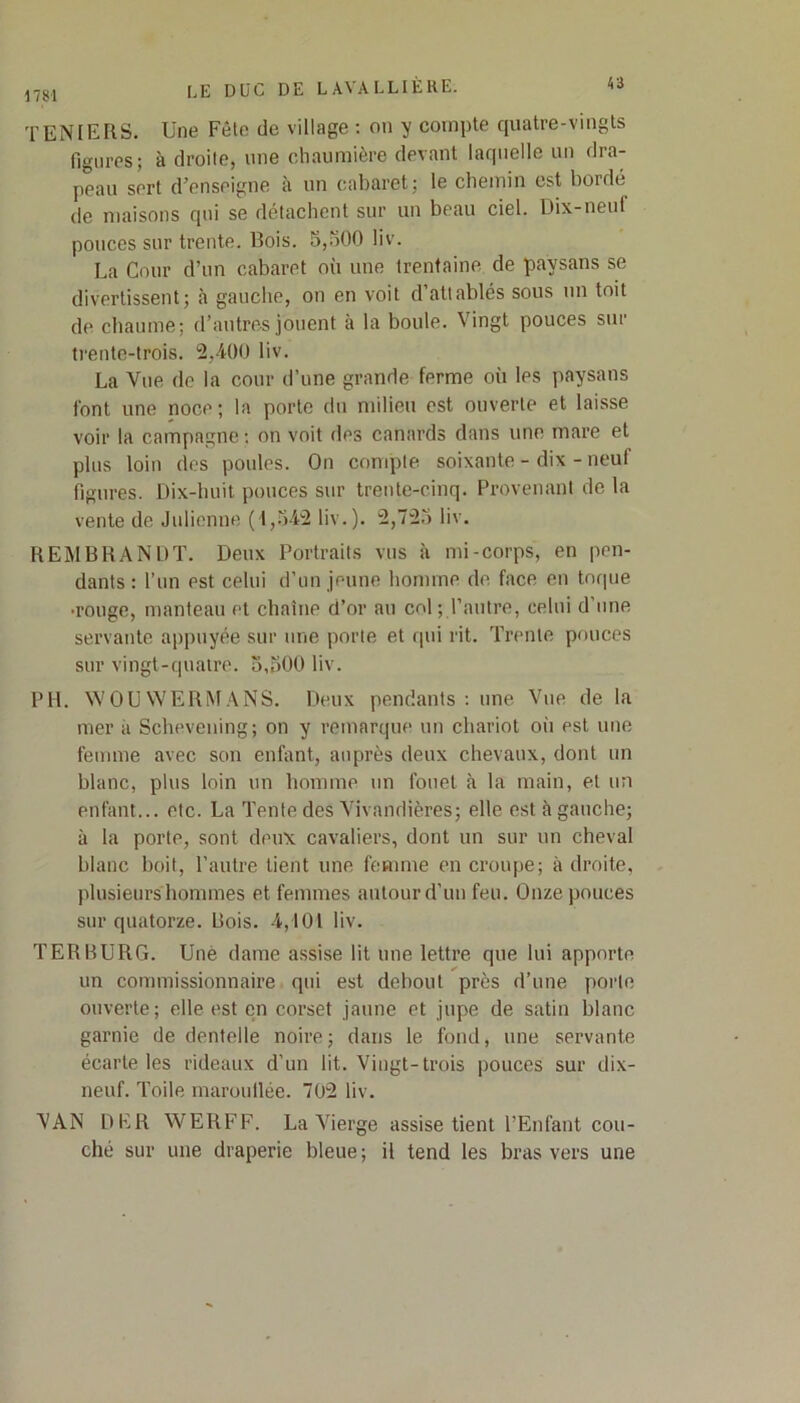 TENIERS. Une Fête de village : on y compte quatre-vingts figures; à droite, une chaumière devant laquelle un dra- peau sert d’enseigne à un cabaret; le chemin est bordé de maisons qui se détachent sur un beau ciel. Dix-neut pouces sur trente. Bois. 5,500 liv. La Cour d’un cabaret où une trentaine de paysans se divertissent; à gauche, on en voit d’attablés sous un toit de chaume; d’autres jouent à la boule. Vingt pouces sur trente-trois. 2,400 liv. La Vue do la cour d’une grande ferme où les paysans font une noce ; la porte du milieu est ouverte et laisse voir la campagne : on voit des canards dans une mare et plus loin des poules. On compte soixante-dix-neuf figures. Dix-huit pouces sur trente-cinq. Provenant de la vente de Julienne (1,542 liv.). 2,725 liv. REMBRANDT. Deux Portraits vus à mi-corps, en pen- dants : l’un est celui d’un jeune homme de face en toque •rouge, manteau et chaîne d’or an col; l’autre, celui d’une servante appuyée sur une porte et qui rit. Trente pouces sur vingt-quatre. 5,500 liv. PH. \VOUWERMANS. Deux pendants: une Vue de la mer à Schevening; on y remarque un chariot où est une femme avec son enfant, auprès deux chevaux, dont un blanc, plus loin un homme un fouet à la main, et un enfant... etc. La Tente des Vivandières; elle est à gauche; à la porte, sont deux cavaliers, dont un sur un cheval blanc boit, l’autre tient une femme en croupe; à droite, plusieurs hommes et femmes autour d’un feu. Onze pouces sur quatorze. Bois. 4,101 liv. TERBURG. Une dame assise lit une lettre que lui apporte un commissionnaire qui est debout près d’une porte ouverte; elle est en corset jaune et jupe de satin blanc garnie de dentelle noire; dans le fond, une servante écarte les rideaux d’un lit. Vingt-trois pouces sur dix- neuf. Toile maroullée. 702 liv. VAN DER WERFF. La Vierge assise tient l’Enfant cou- ché sur une draperie bleue; il tend les bras vers une