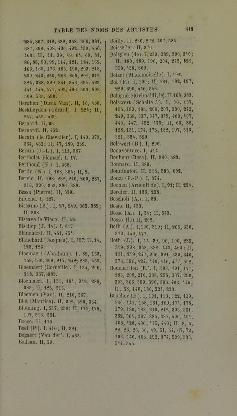 284, 307, 318, 338, 338, 360, 381, 387, 398, 408, 420, 422, 450, 456, 463; II, 11, 29, 49, 04, 69, 81, 86,88, 93, 99, 114, 121, 124, 162, 166, 168, 176, 185, 190, 203, 213, 230, 243, 250, 263, 265, 291, 312, 324, 328, 329, 341, 346, 394, 423, 441, 445, 471, 493, 496, 500, 502, 509, 535, 590. Berghen (Dirck Van). Il, 16, 438. Beikheyden (Gérard). I, 224; II, 247, 445, 409. Bernard. 11,23. Bernardi. II, 452. Bernin (le Chevalier). 1, 143, 273, 364, 462; II, 47, 189, 259. Bernin (J.-L.). 1, 111, 387. Bertholet Flemael. I, 17. Berthoud (F.). 1, 368. Bertin (N.). 1, 168, 384; II, 2. Bervic. II, 198, 232, 240, 260, 287, 313, 320, 353, 386, 388. Bessa (Pierre). II, 329. Bibiena. I, 127. Biscaïno (B.). I, 27, 249, 365, 389; II, 308. Biscaye le Vieux. II, 42. Bischop (J. de). I, 217. Blanchard. II, 451 , 454. Blanchard (Jacques). 1, 457; II, 14, 125, 126. Bioemaert (Abraham). I, 82, 133, 159, 160,209, 217, 242; 285, 459. Bioemaert (Corneille). 1, 134, 206, 218, 257, 285. Bioemaert. I, 151, 184, 242, 285, 388; II, 123, 313. Bloemen (Van). II, 210, 367. Blot (Maurice). II, 302, 320, 354. Bloteling. I, 217, 250; II, 174, 175, 197, 313, 351. Boëce. II, 175. Boel (P.). 1,416; II, 321. Bogaert (Van der). I, 465. Boileau. Il, 29. Boilly. II, 230, 272, 407, 584. Boisselier. II, 376. Boisgieu (de). 1,239, 289, 306, 340; II, 180, 189, 196, 204, 245, S21, 359, 458, 509. Boizot ( Mademoiselle). 1,192. Bol (F.). I, 100; II, 121, 182, 197, 220, 390, 446, 543. Bolognèse (Grimaldi, le). II, 168,383. Bolswert (Schelte à). I, 36, 137, 155, 182, 185, 206, 207, 230, 242, 249, 258, 327, 347, 349, 400, 407, 443, 447, 452, 475; II, 63, 85, 128, 131, 174, 175, 182, 197, 313, 321, 354, 529. Bolswert (B.). I, 206. Bonaventure. I, 414. Bonheur (Rosa). II, 580, 583. Bonnard. II, 389. Bonnington. II, 515, 583, 602. Bonzi (P.-P.). I, 374. Boonen (Arnoultde). 1,91; II, 224. Bordier. II, 136, 228. Boscholi (A.). I, 35. Bosio. II, 433. Bosse (A.). I, 34; II, 543. Bosso (le) II, 202. Both (A.). 1,100, 319; 11, 266, 330, 376, 440, 477. Both (J.). I, 14, 39, 96, 100, 285, 319, 328, 358, 388, 443, 463 ; II, III, 219, 247, 266, 321, 330, 346, 376, 391, 424, 440, 446, 477, 502. Bouchardon (E.). I, 108, 121,171, 183, 208, 210, 238, 256, 267, 290, 303, 366, 389, 390, 396, 406, 449; II, 58, 140, 180,224,233. Boucher (F.). 1, 101, 113, 122, 129, 130, 141, 158,161, 169,174, 178, 179, 180, 183, 210, 212, 303, 351, 362, 364, 367, 385, 387, 400, 401, 405, 420, 436, 445, 446; II, 3, 5, 22, 23, 26, 36, 49, 51, 54, 67, 72, 103, 140, 165, 192, 374, 509, 533, 544, 545.