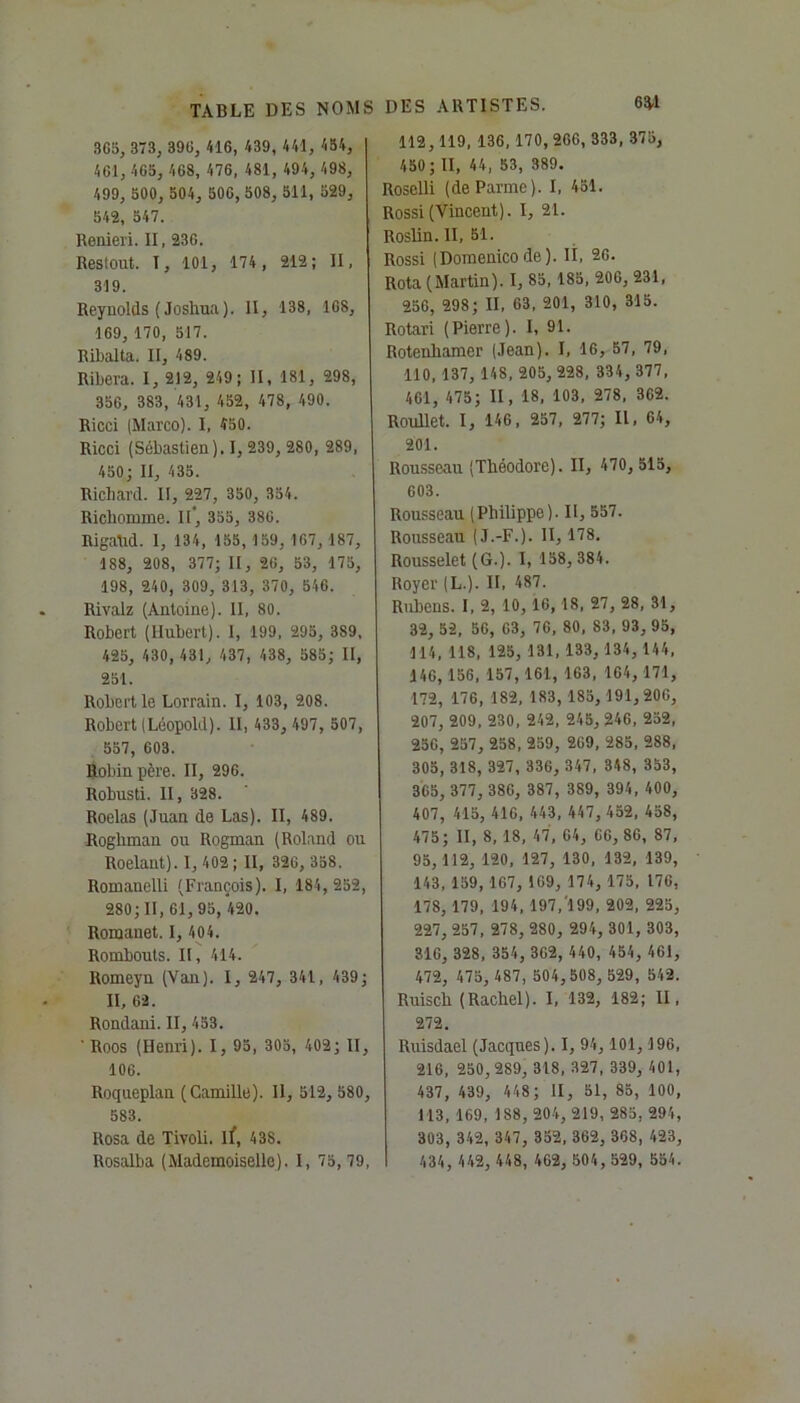 365, 373, 396, 416, 439, 441, 454, 461, 465, 468, 476, 481, 494, 498, 499, 500, 504, 506, 508, 511, 529, 542, 547. Renieri. II, 236. Restout. T, 101, 174, 212; II, 319. Reynolds (Joshua). II, 138, 168, 169, 170, 517. Ribalta. II, 489. Ribera. I, 212, 249; II, 181, 298, 356, 383, 431, 452, 478, 490. Ricci (Marco). I, 450. Ricci (Sébastien). I, 239, 280, 289, 450; II, 435. Richard. II, 227, 350, 354. Richomme. II*, 355, 386. Rigatld. 1, 134, 155, 159, 167, 187, 188, 208, 377; II, 26, 53, 175, 198, 240, 309, 313, 370, 546. Rivaiz (Antoine). II, 80. Robert (Hubert). I, 199, 295, 389, 425, 430, 431, 437, 438, 585; II, 251. Robert le Lorrain. I, 103, 208. Robert (Léopold). II, 433, 497, 507, 557, 603. Robin père. II, 296. Robusti. II, 328. Roelas (Juan de Las). II, 489. Rogliman ou Rogman (Roland ou Roelant). I, 402 ; II, 326, 358. Roinauelli (François). I, 184, 252, 280; II, 61, 95, 420. Romanet. 1, 404. Rombouts. II, 414. Romeyn (Van). I, 247, 341, 439; II, 62. Rondani. II, 453. ' Roos (Henri). I, 95, 305, 402; II, 106. Roqueplan (Camille). 11, 512, 580, 583. Rosa de Tivoli, if, 438. Rosalba (Mademoiselle). I, 75, 79, DES ARTISTES. 63-1 112,119, 136, 170, 266, 333, 375, 450; II, 44, 53, 389. Roselli (de Parme). I, 451. Rossi (Vincent). I, 21. Roslin.II, 51. Rossi (Domenicode). Il, 26. Rota (Martin). I, 85, 185, 206, 231, 256, 298; II, 63, 201, 310, 315. Rotari (Pierre). I, 91. Rotenbamer (Jean). I, 16, 57, 79, 110, 137, 148, 205, 228, 334, 377, 461, 475; II, 18, 103, 278, 362. Roullet. I, 146, 257, 277; II, 64, 201. Rousseau (Théodore). II, 470, 515, 603. Rousseau (Philippe). II, 557. Rousseau (J.-F.). II, 178. Rousselet (G.). I, 158, 384. Royer (L.). II, 487. Rubens. I, 2, 10, 16, 18, 27, 28, 31, 32, 52, 56, 63, 76, 80, 83, 93, 95, 114, 118, 125, 131, 133, 134, 144, 146, 156, 157, 161, 163, 164, 171, 172, 176, 182, 183, 185, 191,206, 207, 209, 230, 242, 245, 246, 252, 256, 257, 258, 259, 269, 285, 288, 305, 318, 327, 336, 347, 348, 353, 365, 377, 386, 387, 389, 394, 400, 407, 415, 416, 443, 447, 452, 458, 475; II, 8, 18, 47, 64, 66, 86, 87, 95, 112, 120, 127, 130, 132, 139, 143, 159, 167, 169, 174, 175, 176, 178, 179, 194, 197,199, 202, 225, 227, 257, 278, 280, 294, 301, 303, 316, 328, 354, 362, 440, 454, 461, 472, 475, 487, 504,508, 529, 542. Ruisch (Rachel). I, 132, 182; II, 272. Ruisdael (Jacques ). I, 94, 101, 196, 216, 250,289, 318, 327, 339, 401, 437, 439, 448; II, 51, 85, 100, 113, 169, 188, 204, 219, 285, 294, 303, 342, 347, 352, 362, 308, 423, 434, 442, 448, 402, 504,529, 554.