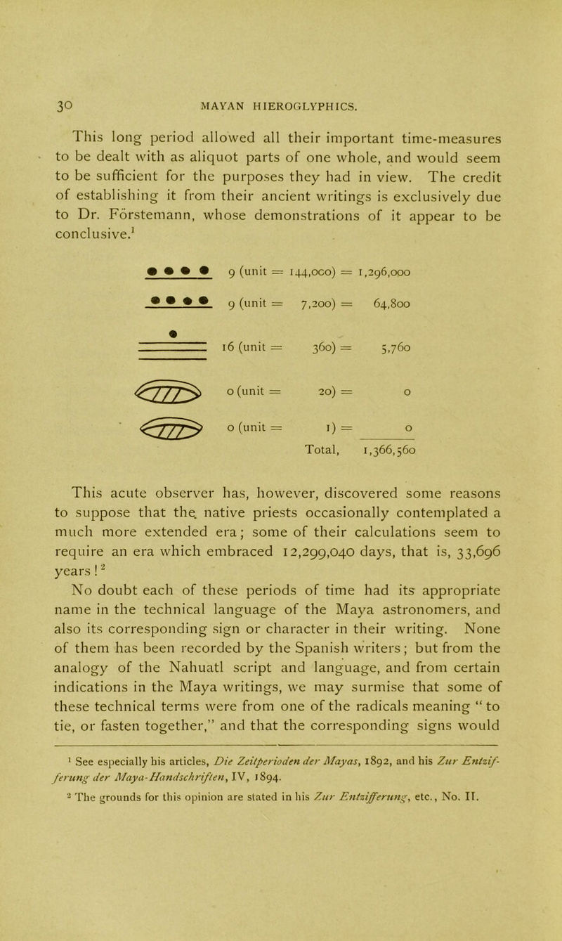 This long period allowed all their important time-measures to be dealt with as aliquot parts of one whole, and would seem to be sufficient for the purposes they had in view. The credit of establishing it from their ancient writings is exclusively due to Dr. Forstemann, whose demonstrations of it appear to be conclusive.1 • • • • q (unit = 144,000) = 1,296,000 • • • • 0 (unit = 7,200) = 64,800 • t6 (unit = 360) = 5.760 0 (unit = 20) = O <<J7775> 0 (unit = 0 = 0 Total, 1,366,560 This acute observer has, however, discovered some reasons to suppose that the native priests occasionally contemplated a much more extended era; some of their calculations seem to require an era which embraced 12,299,040 days, that is, 33,696 years!2 3 No doubt each of these periods of time had its appropriate name in the technical language of the Maya astronomers, and also its corresponding sign or character in their writing. None of them has been recorded by the Spanish writers; but from the analogy of the Nahuatl script and language, and from certain indications in the Maya writings, we may surmise that some of these technical terms were from one of the radicals meaning “ to tie, or fasten together,” and that the corresponding signs would 1 See especially his articles, Die Zeitperioden dev Mayas, 1892, and his Zur Entzif- ferung der Maya - Hand sc h riflen, IV, 1894. 3 The grounds for this opinion are stated in his Zur Entzifferung, etc., No. II.