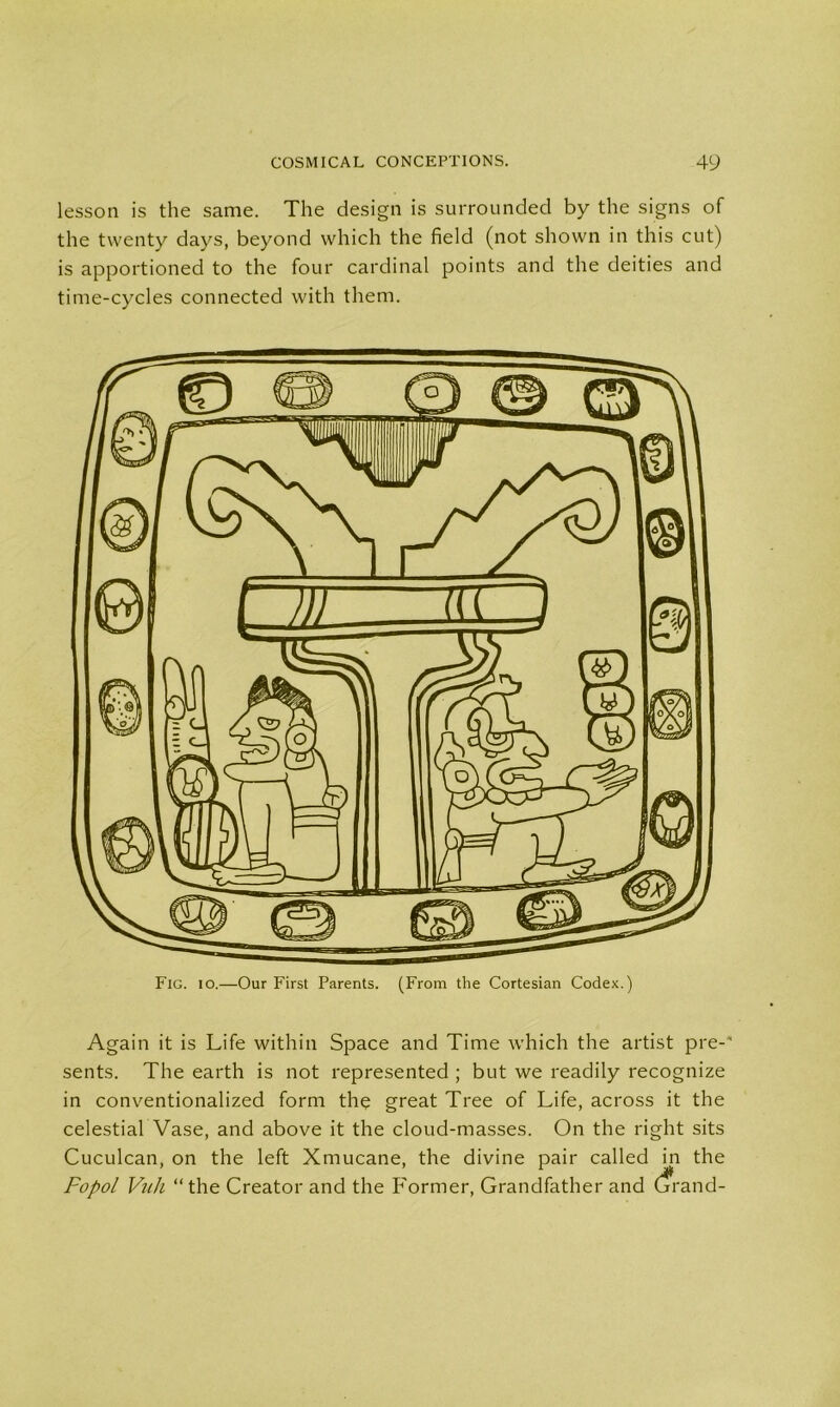 lesson is the same. The design is surrounded by the signs of the twenty days, beyond which the field (not shown in this cut) is apportioned to the four cardinal points and the deities and time-cycles connected with them. Fig. io.—Our First Parents. (From the Cortesian Codex.) Again it is Life within Space and Time which the artist pre-* sents. The earth is not represented ; but we readily recognize in conventionalized form the great Tree of Life, across it the celestial Vase, and above it the cloud-masses. On the right sits Cuculcan, on the left Xmucane, the divine pair called in the Fopol Vuh “the Creator and the Former, Grandfather and dfrand-