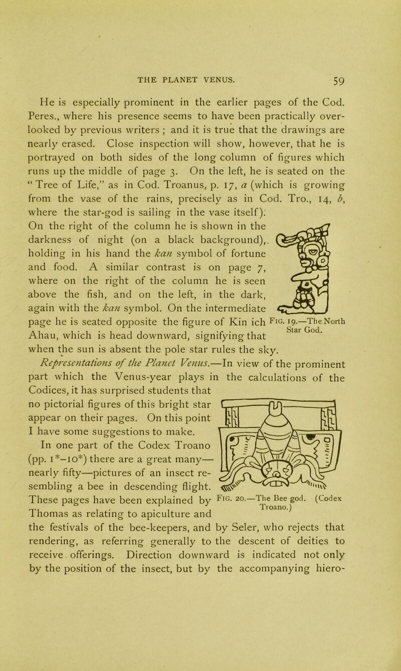 He is especially prominent in the earlier pages of the Cod. Peres., where his presence seems to have been practically over- looked by previous writers ; and it is true that the drawings are nearly erased. Close inspection will show, however, that he is portrayed on both sides of the long column of figures which runs up the middle of page 3. On the left, he is seated on the “Tree of Life,” as in Cod. Troanus, p. 17, a (which is growing from the vase of the rains, precisely as in Cod. Tro., 14, b, where the star-god is sailing in the vase itself). On the right of the column he is shown in the darkness of night (on a black background),, holding in his hand the kan symbol of fortune and food. A similar contrast is on page 7, where on the right of the column he is seen above the fish, and on the left, in the dark, again with the kan symbol. On the intermediate page he is seated opposite the figure of Kin ich Fig- 19—The North Ahau, which is head downward, signifying that when the sun is absent the pole star rules the sky. Representations of the Planet Venus.—In view of the prominent part which the Venus-year plays in the calculations of the Codices, it has surprised students that no pictorial figures of this bright star appear on their pages. On this point I have some suggestions to make. In one part of the Codex Troano (pp. 1*—10*) there are a great many— nearly fifty—pictures of an insect re- sembling a bee in descending flight. These pages have been explained by Fig- 20-—Tlie Bee g0(F (Codex , , Troano.) ihomas as relating to apiculture and the festivals of the bee-keepers, and by Seler, who rejects that rendering, as referring generally to the descent of deities to receive offerings. Direction downward is indicated not only by the position of the insect, but by the accompanying hiero-