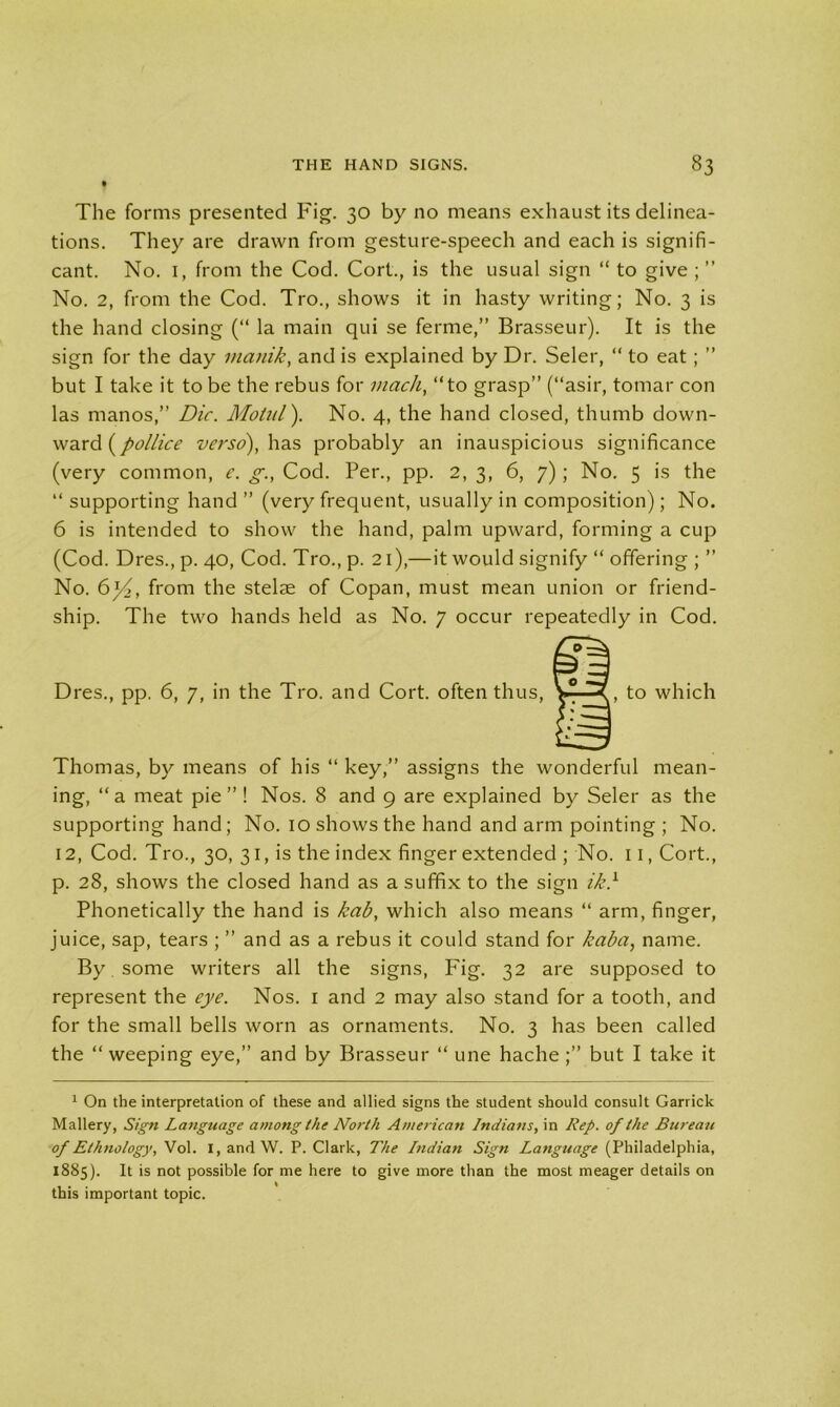 The forms presented Fig. 30 by no means exhaust its delinea- tions. They are drawn from gesture-speech and each is signifi- cant. No. 1, from the Cod. Cort., is the usual sign “ to give ; ” No. 2, from the Cod. Tro., shows it in hasty writing; No. 3 is the hand closing (“ la main qui se ferine,” Brasseur). It is the sign for the day rnanik, and is explained by Dr. Seler, “ to eat; ” but I take it to be the rebus for mack, ‘‘to grasp” (“asir, tomar con las manos,” Die. Motiil). No. 4, the hand closed, thumb down- ward (pollice verso), has probably an inauspicious significance (very common, e. g., Cod. Per., pp. 2, 3, 6, 7); No. 5 is the “ supporting hand ” (very frequent, usually in composition); No. 6 is intended to show the hand, palm upward, forming a cup (Cod. Dres., p. 40, Cod. Tro., p. 21),—it would signify “ offering ; ” No. 6l/2, from the stelae of Copan, must mean union or friend- ship. The two hands held as No. 7 occur repeatedly in Cod. Dres., pp. 6, 7, in the Tro. and Cort. often thus, t0 w^'c^ Thomas, by means of his “ key,” assigns the wonderful mean- ing, ‘‘a meat pie” ! Nos. 8 and 9 are explained by Seler as the supporting hand; No. 10 shows the hand and arm pointing ; No. 12, Cod. Tro., 30, 31, is the index finger extended ; No. 11, Cort., p. 28, shows the closed hand as a suffix to the sign ik} Phonetically the hand is kab, which also means “ arm, finger, juice, sap, tears ; ” and as a rebus it could stand for kaba, name. By some writers all the signs, Fig. 32 are supposed to represent the eye. Nos. 1 and 2 may also stand for a tooth, and for the small bells worn as ornaments. No. 3 has been called the “weeping eye,” and by Brasseur “ une hachebut I take it 1 On the interpretation of these and allied signs the student should consult Garrick Mallery, Sign Language among the North American Indians, in Rep. of the Bureau of Ethnology, Vol. I, and W. P. Clark, The Indian Sign Language (Philadelphia, 1885). It is not possible for me here to give more than the most meager details on this important topic.