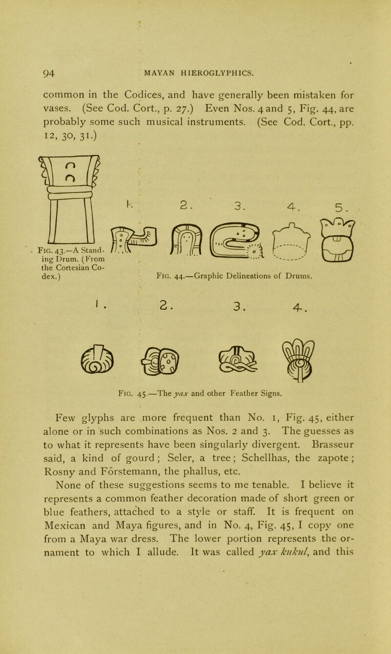 common in the Codices, and have generally been mistaken for vases. (See Cod. Cort., p. 27.) Even Nos. 4 and 5, Fig. 44, are probably some such musical instruments. (See Cod. Cort., pp. 12, 30, 31.) 2. 3. 4-. 5. Fig. 43.—A Stand- ing Drum. (From the Cortesian Co- dex.) 2. 3. 4-. Fig. 45.—The yax and other Feather Signs. Few glyphs are more frequent than No. 1, Fig. 45, either alone or in such combinations as Nos. 2 and 3. The guesses as to what it represents have been singularly divergent. Brasseur said, a kind of gourd ; Seler, a tree; Schellhas, the zapote ; Rosny and Forstemann, the phallus, etc. None of these suggestions seems to me tenable. I believe it represents a common feather decoration made of short green or blue feathers, attached to a style or staff. It is frequent on Mexican and Maya figures, and in No. 4, Fig. 45, I copy one from a Maya war dress. The lower portion represents the or- nament to which I allude. It was called yax kukul, and this