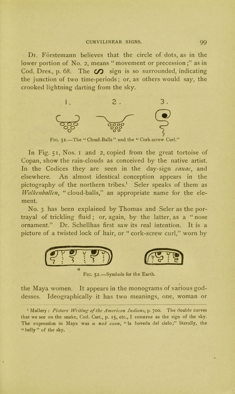 Dr. Forstemann believes that the circle of dots, as in the lower portion of No. 2, means “ movement or precessionas in Cod. Dres., p. 68. The CO sign is so surrounded, indicating the junction of two time-periods; or, as others would say, the crooked lightning darting from the sky. 1. 2 . 3. C °o° Fig. 51.—The it 0000 000 o o Cloud-Balls” and the “ Cork-screw Curl.” In Fig. 51, Nos. 1 and 2, copied from the great tortoise of Copan, show the rain-clouds as conceived by the native artist. In the Codices they are seen in the day-sign cauac, and elsewhere. An almost identical conception appears in the pictography of the northern tribes.1 Seler speaks of them as Wolkenballen, “ cloud-balls,” an appropriate name for the ele- ment. No. 3 has been explained by Thomas and Seler as the por- trayal of trickling fluid ; or, again, by the latter, as a “ nose ornament.” Dr. Schellhas first saw its real intention. It is a picture of a twisted lock of hair, or “cork-screw curl,” worn by the Maya women. It appears in the monograms of various god- desses. Ideographically it has two meanings, one, woman or 1 Mallery : Picture Writing of the American Indians, p. 700. The double curves that we see on the snake, Cod. Coit., p. 15, etc., I construe as the sign of the sky. The expression in Maya was u nak caan, “la boveda del cielo;” literally, the “■ belly ” of the sky.