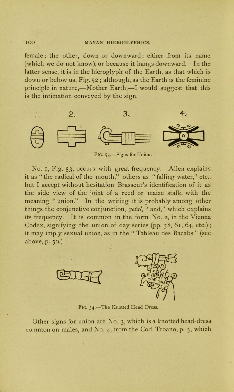 female; the other, down or downward; either from its name (which we do not know), or because it hangs downward. In the latter sense, it is in the hieroglyph of the Earth, as that which is down or below us, Fig. 52 ; although, as the Earth is the feminine principle in nature,—Mother Earth,—I would suggest that this is the intimation conveyed by the sign. 2. 3., 4. Fig. 53.—Signs for Union. No. I, Fig. 53, occurs with great frequency. Allen explains it as “ the radical of the mouth,” others as “ falling water,” etc., but I accept without hesitation Brasseur’s identification of it as the side view of the joint of a reed or maize stalk, with the meaning “ union.” In the writing it is probably among other things the conjunctive conjunction, yetal, “ and,” which explains its frequency. It is common in the form No. 2, in the Vienna Codex, signifying the union of day series (pp. 58, 61, 64, etc.); it may imply sexual union, as in the “ Tableau des Bacabs ” (see above, p. 50.) Fig. 54.—The Knotted Head Dress. Other signs for union are No. 3, which is a knotted head-dress common on males, and No. 4, from the Cod. Troano, p. 5, which /