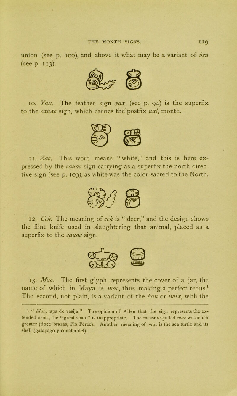 union (see p. ioo), and above it what may be a variant of ben (see p. 113). 10. Yax. The feather sign yax (see p. 94) is the superfix to the cauac sign, which carries the postfix nalt month. n. Zac. This word means “white,” and this is here ex- pressed by the cauac sign carrying as a superfix the north direc- tive sign (see p. 109), as white was the color sacred to the North. 12. Cell. The meaning of cell is “ deer,” and the design shows the flint knife used in slaughtering that animal, placed as a superfix to the cauac sign. 13. Mac. The first glyph represents the cover of a jar, the name of which in Maya is mac, thus making a perfect rebus.1 The second, not plain, is a variant of the kan or irnix, with the 1 “ Mac, tapa de vasija.” The opinion of Allen that the sign represents the ex- tended arms, the “ great span,” is inappropriate. The measure called viac was much greater (doce brazas, Pio Perez). Another meaning of mac is the sea turtle and its shell (galapago y concha del).