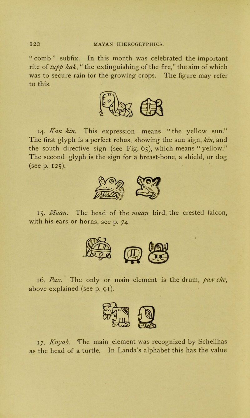 “ comb ” subfix. In this month was celebrated the important rite of tnpp kak, “ the extinguishing of the fire,” the aim of which was to secure rain for the growing crops. The figure may refer to this. 14. Kan kin. This expression means “the yellow sun.” The first glyph is a perfect rebus, showing the sun sign, kin, and the south directive sign (see Fig. 65), which means “ yellow.” The second glyph is the sign for a breast-bone, a shield, or dog (see p. 125). 15. Muan. The head of the nuian bird, the crested falcon, with his ears or horns, see p. 74. 16. Pax. The only or main element is the drum, pax che, above explained (see p. 91). 17. Kayab. The main element was recognized by Schellhas as the head of a turtle. In Landa’s alphabet this has the value