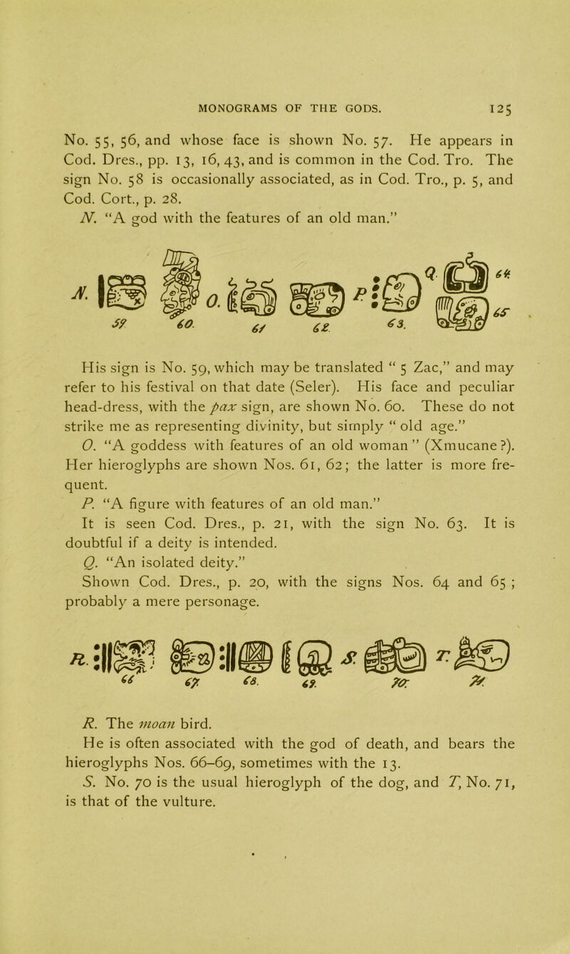No. 55, 56, and whose face is shown No. 57. He appears in Cod. Dres., pp. 13, 16, 43, and is common in the Cod. Tro. The sign No. 58 is occasionally associated, as in Cod. Tro., p. 5, and Cod. Cort., p. 28. N. “A god with the features of an old man.” His sign is No. 59, which may be translated “ 5 Zac,” and may refer to his festival on that date (Seler). His face and peculiar head-dress, with the pax sign, are shown No. 60. These do not strike me as representing divinity, but simply “ old age.” O. “A goddess with features of an old woman” (Xmucane ?). Her hieroglyphs are shown Nos. 61, 62; the latter is more fre- quent. P. “A figure with features of an old man.” It is seen Cod. Dres., p. 21, with the sign No. 63. It is doubtful if a deity is intended. Q. “An isolated deity.” Shown Cod. Dres., p. 20, with the signs Nos. 64 and 65 ; probably a mere personage. 67 69 R. The moan bird. He is often associated with the god of death, and bears the hieroglyphs Nos. 66-69, sometimes with the 13. S'. No. 70 is the usual hieroglyph of the dog, and T, No. 71, is that of the vulture.