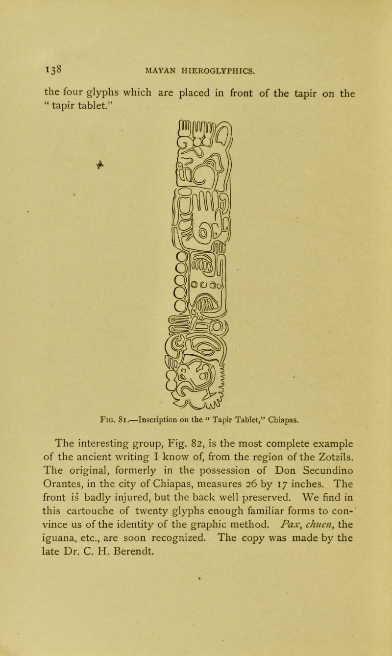 the four glyphs which are placed in front of the tapir on the “ tapir tablet.” The interesting group, Fig. 82, is the most complete example of the ancient writing I know of, from the region of the Zotzils. The original, formerly in the possession of Don Secundino Orantes, in the city of Chiapas, measures 26 by 17 inches. The front is badly injured, but the back well preserved. We find in this cartouche of twenty glyphs enough familiar forms to con-' vince us of the identity of the graphic method. Pax, chuen, the iguana, etc., are soon recognized. The copy was made by the Fig. 81.—Inscription on the “ Tapir Tablet,” Chiapas. late Dr. C. H. Berendt.