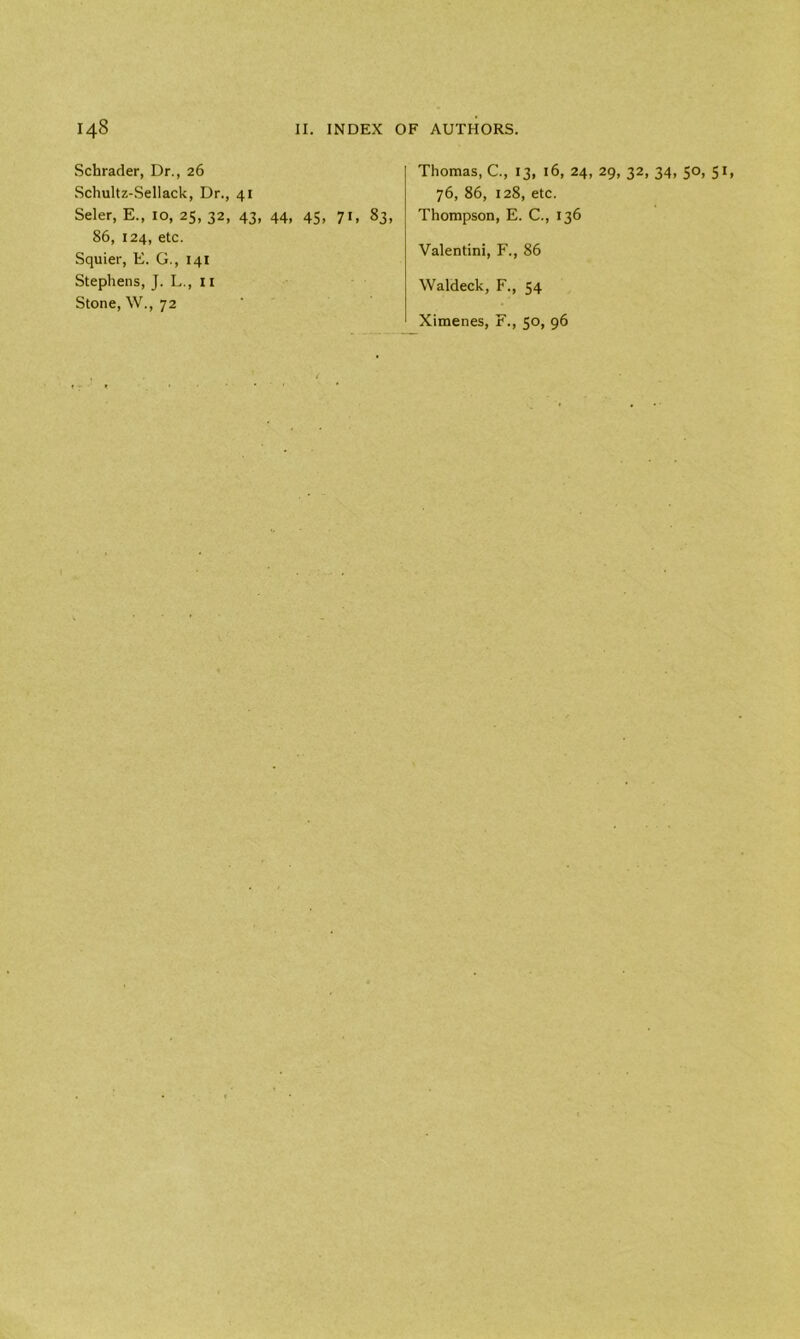 Schrader, Dr., 26 Schultz-Sellack, Dr., 41 Seler, E., 10, 25, 32, 43, 44, 45, 71, 83 86, 124, etc. Squier, E. G., 141 Stephens, J. L., 11 Stone, W., 72 Thomas, C., 13, 16, 24, 29, 32, 34, 50, 51, 76, 86, 128, etc. Thompson, E. C., 136 Valentini, F., 86 Waldeck, F., 54 Ximenes, F., 50, 96