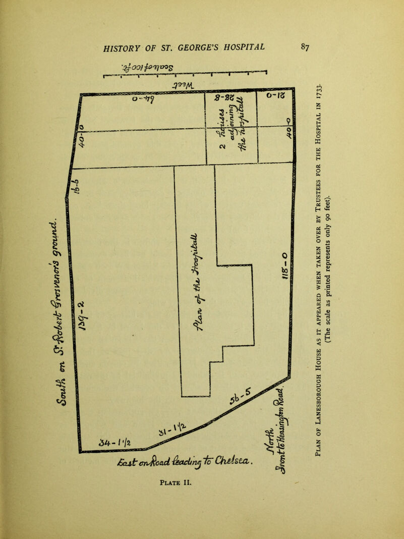 OO! $0^100$ “T— T I i ,J~~ 1 Plate II. Plan of Lanesborough House as it appeared when taken over by Trustees for the Hospital in 1733. (The scale as printed represents only 90 feet).